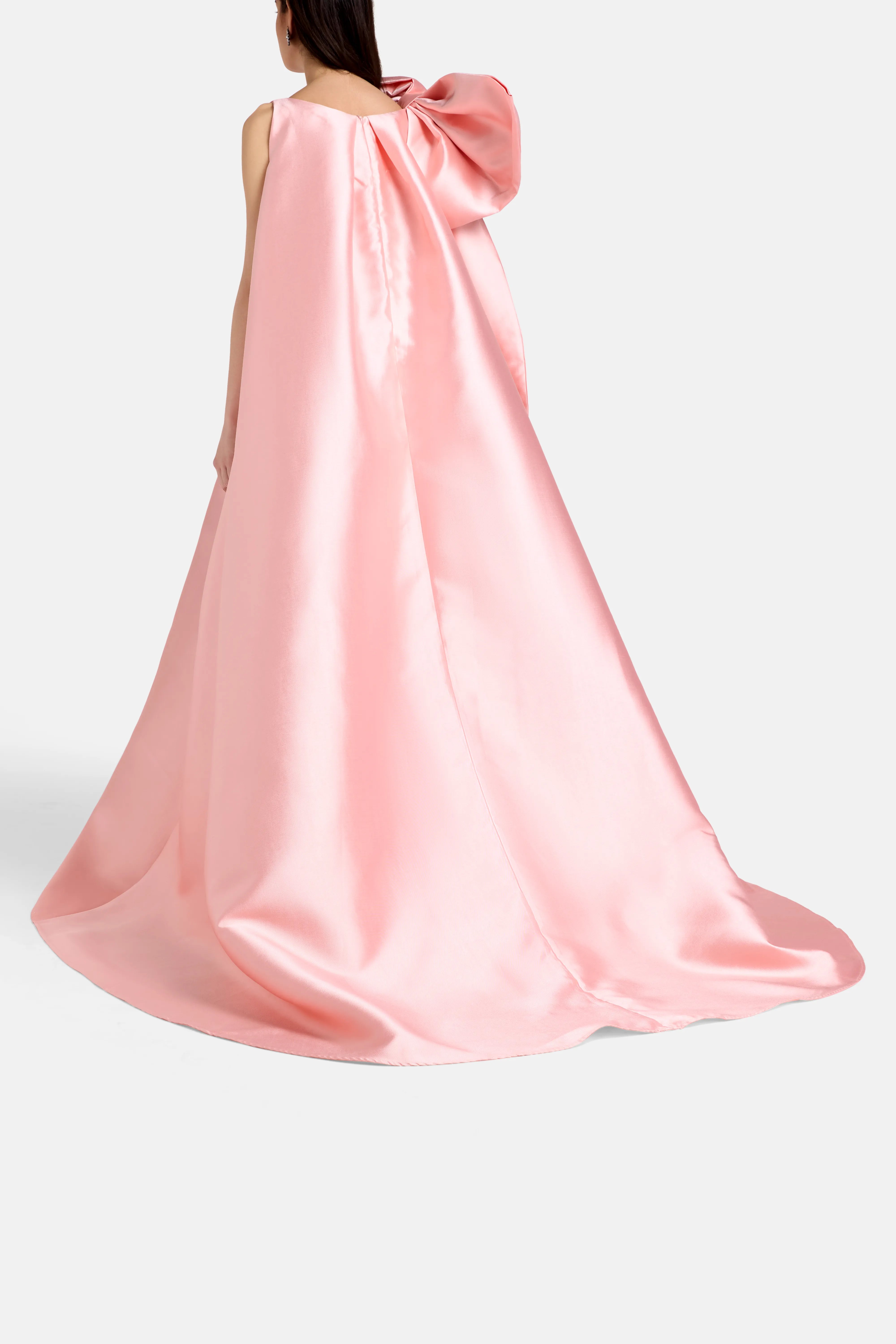 Satin Long Train Bow Shoulder Evening Gown in Pink