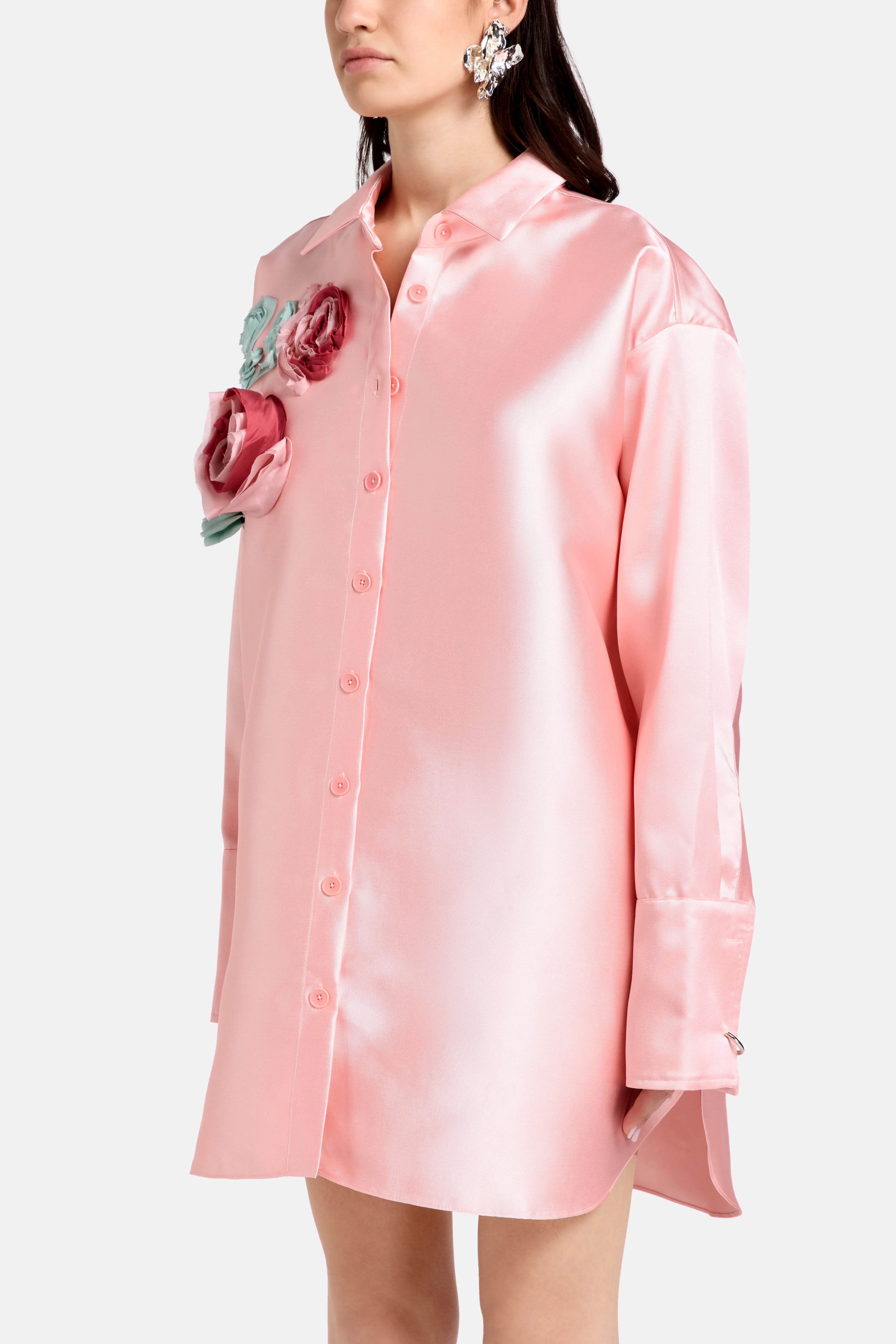 Floral Embellished Satin Oversized Shirt in Pink