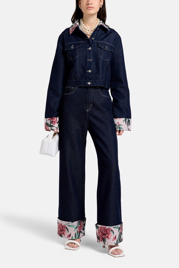 Indigo Denim Cotton Floral Brocade Jacket in Blue
