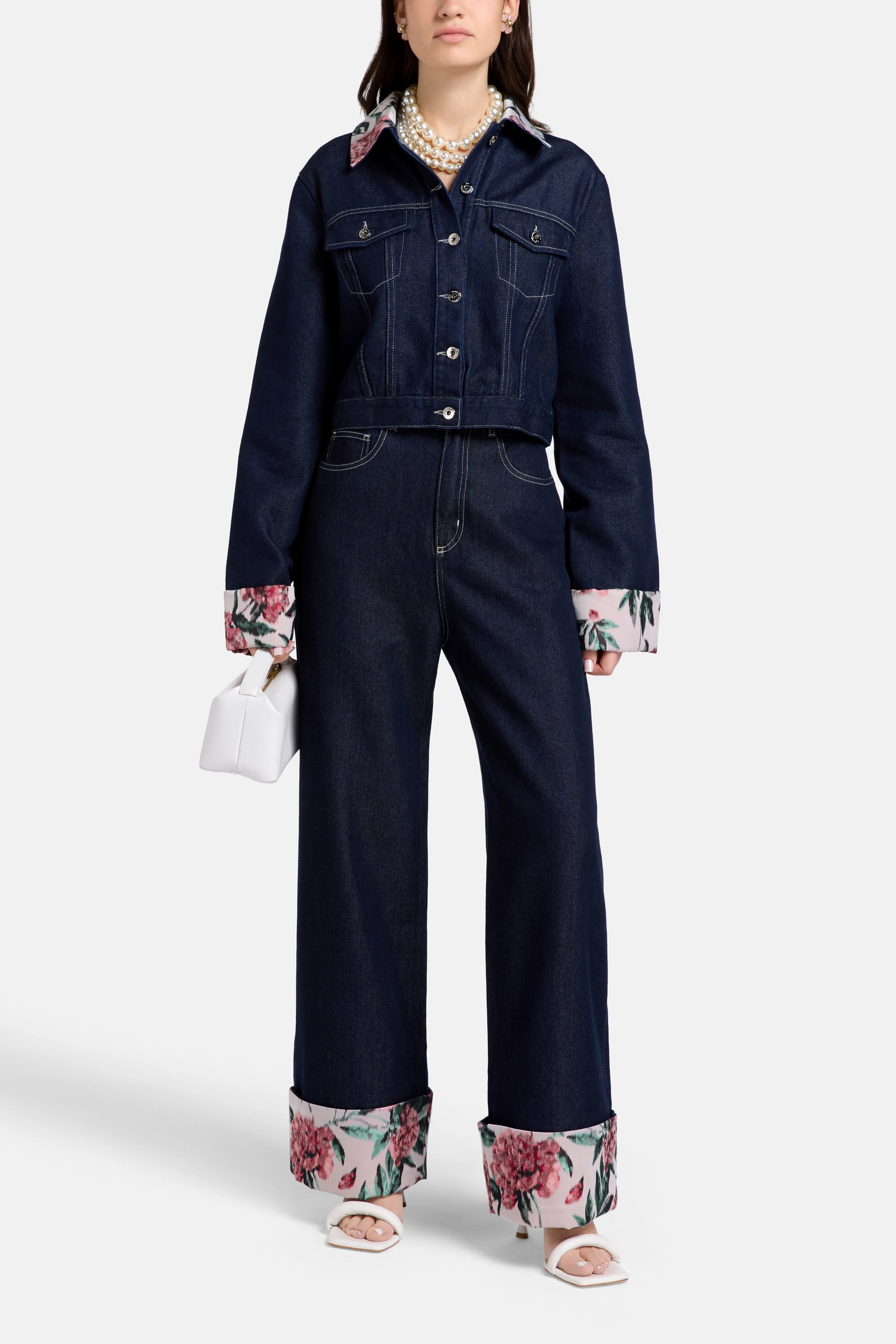 Indigo Floral Brocade Denim Cotton Wide Legged Jeans in Blue