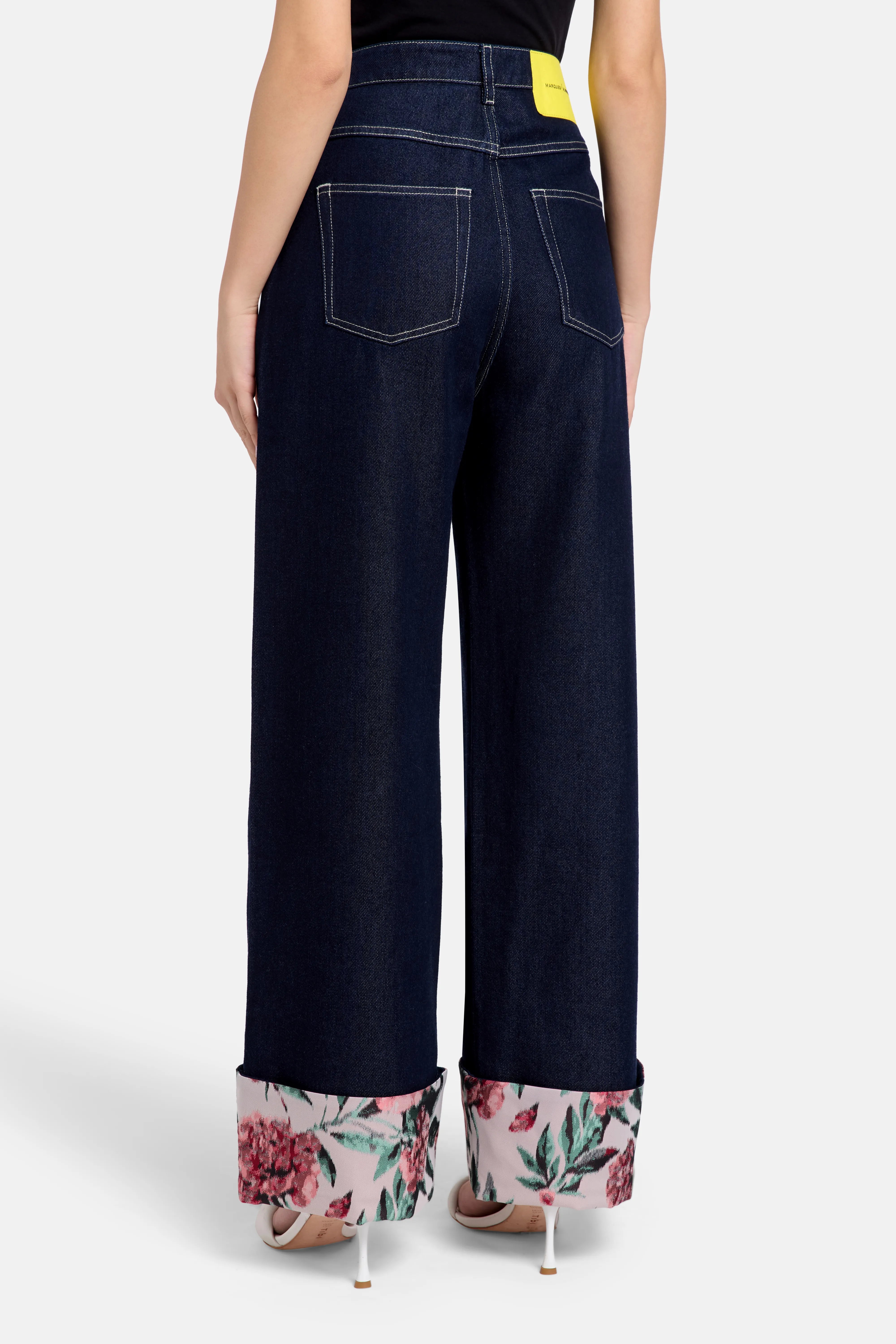 Indigo Floral Brocade Denim Cotton Wide Legged Jeans in Blue