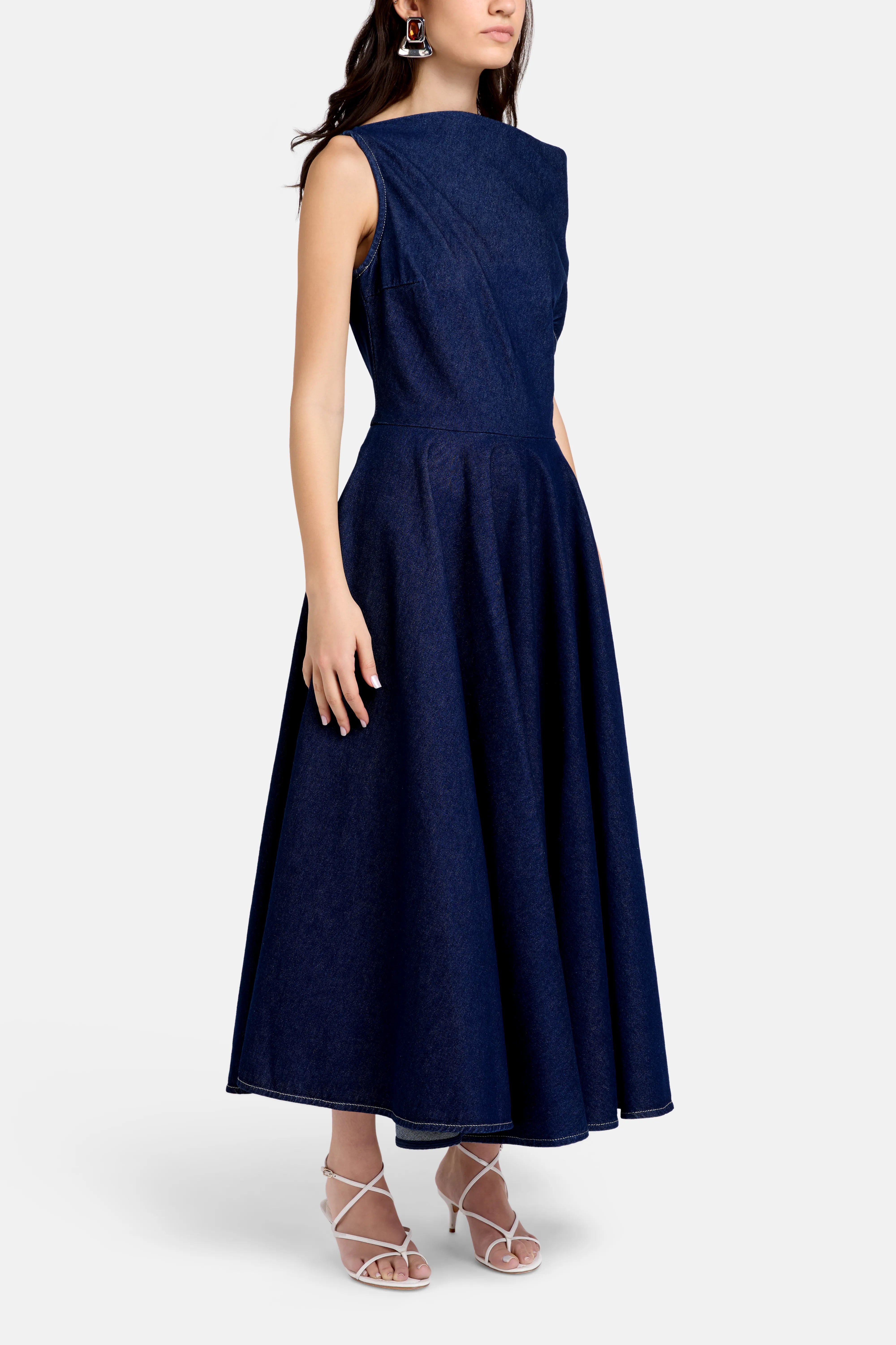 Indigo Denim Cotton Sleeveless Midi Dress in Blue