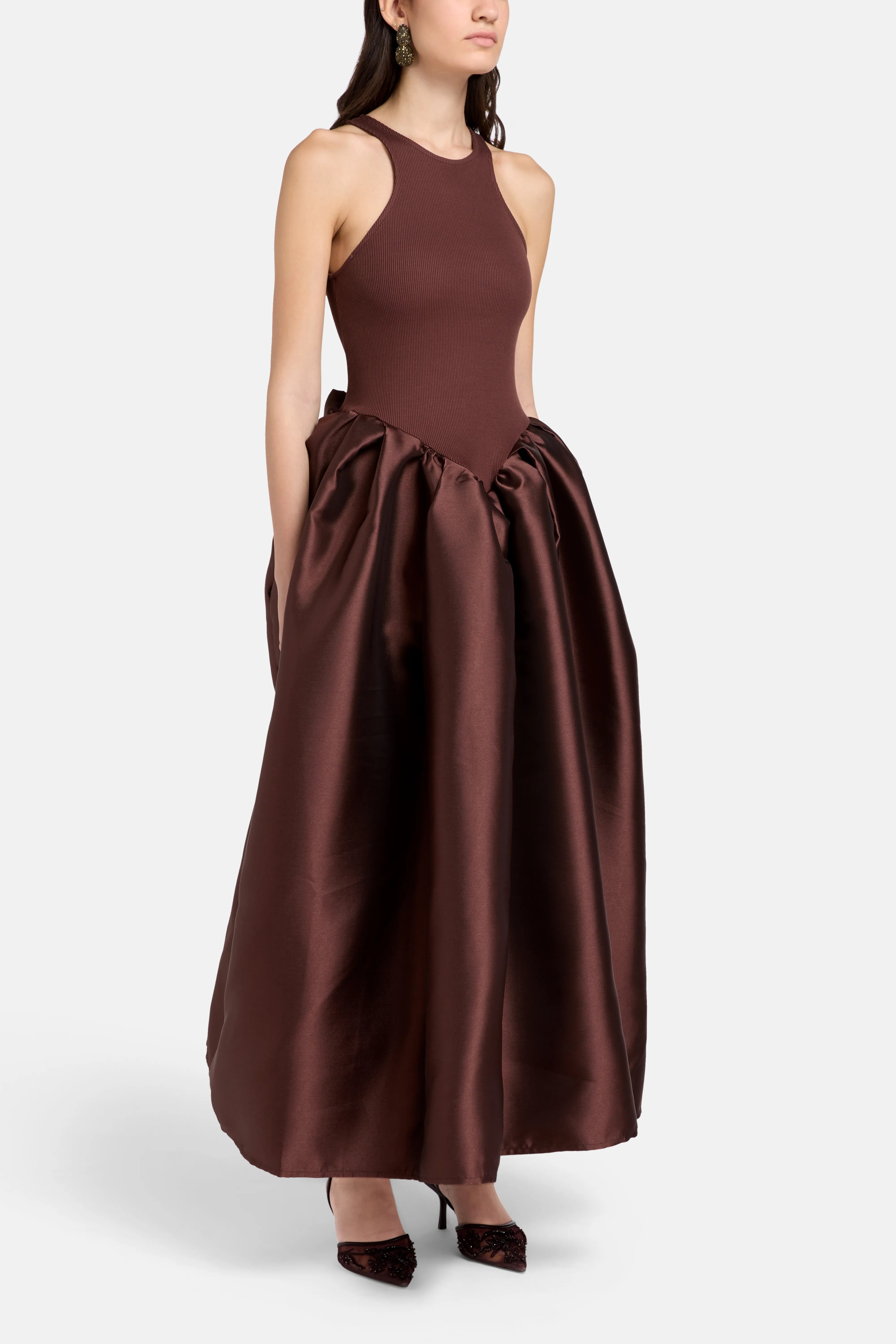 Princess Sleeveless Satin Maxi Dress in Brown