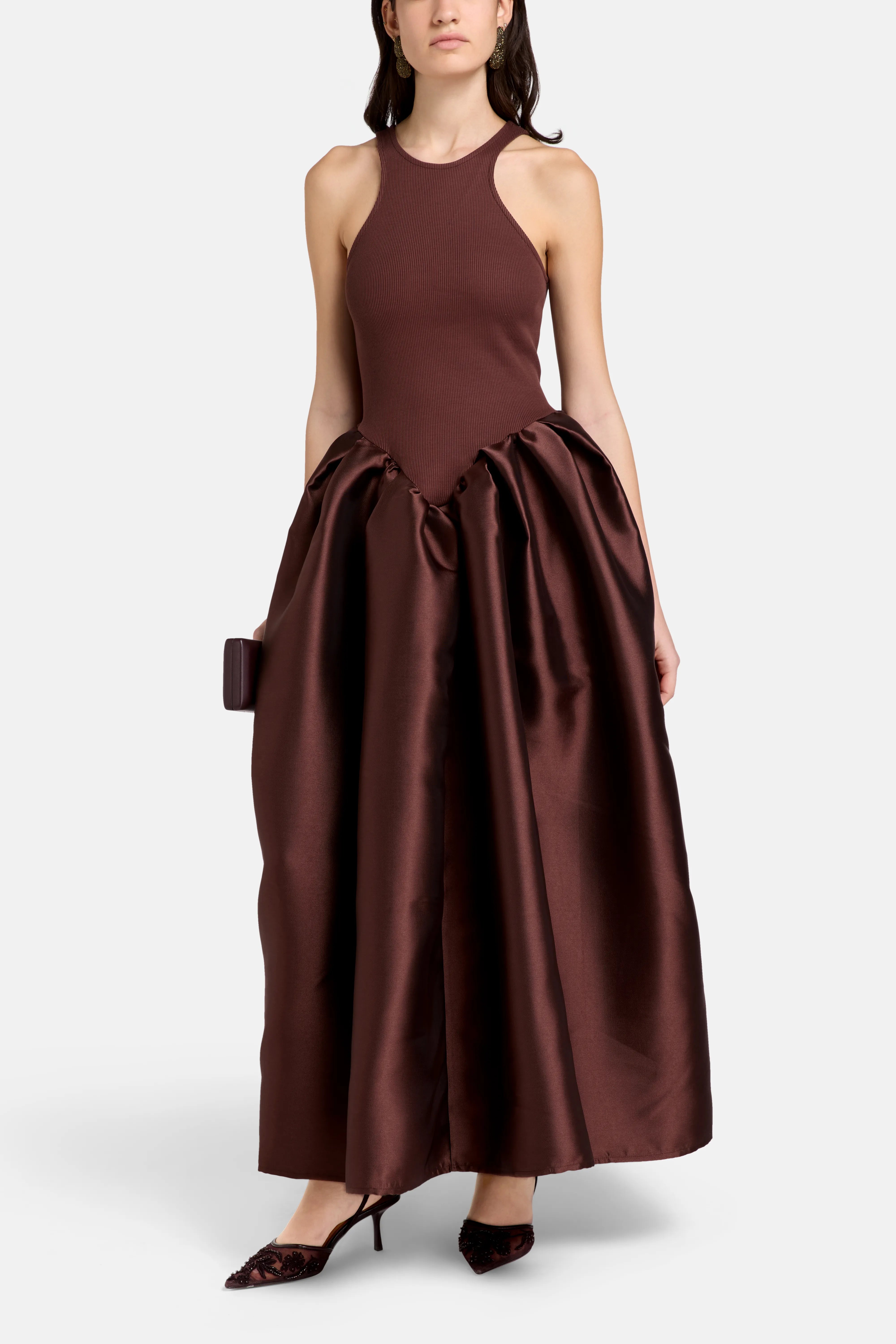 Princess Sleeveless Satin Maxi Dress in Brown