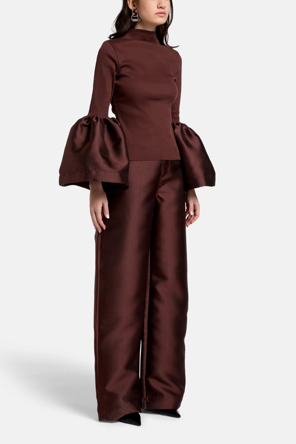 Long Puff Sleeves Turtle Neck Satin Top in Brown