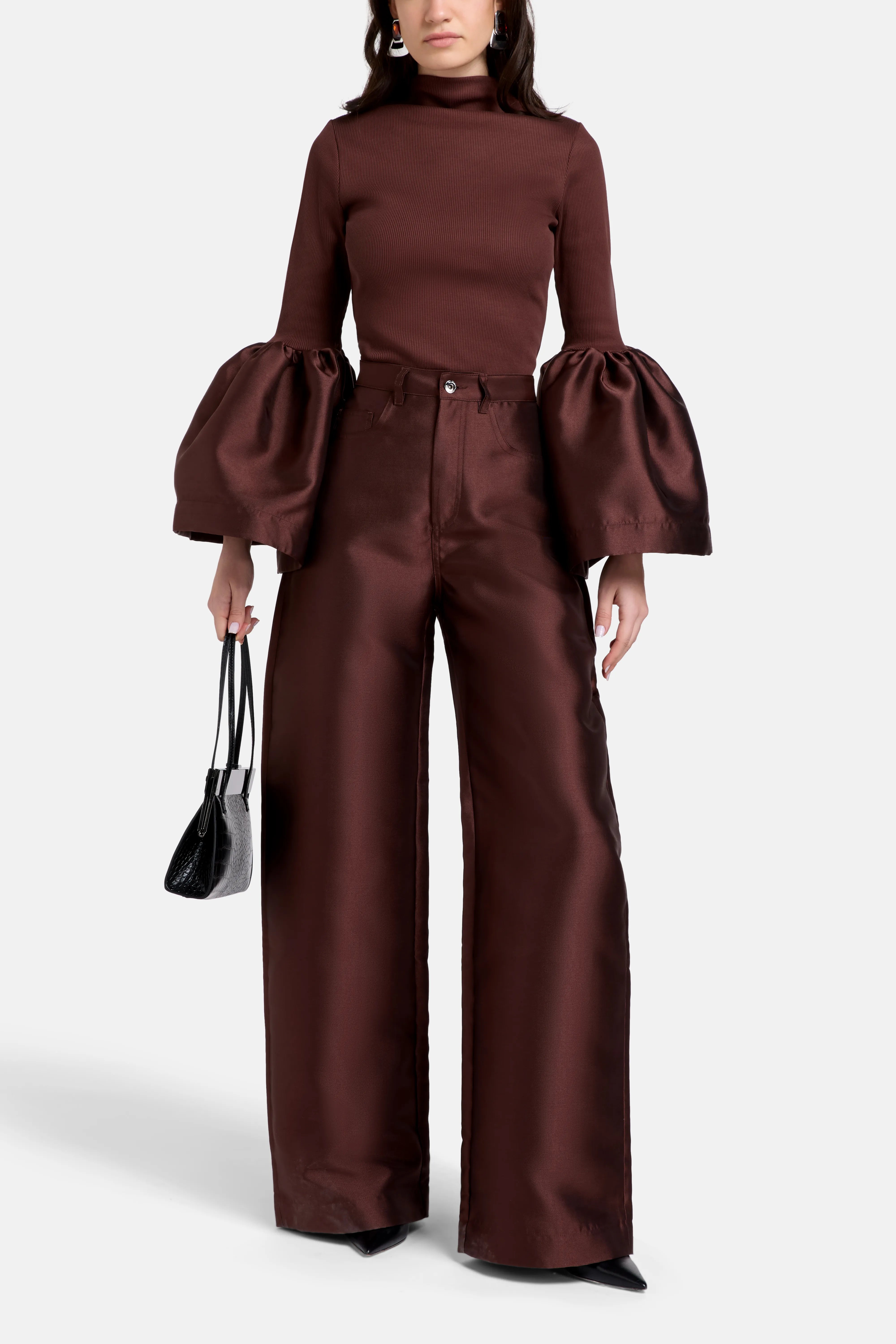 Long Puff Sleeves Turtle Neck Satin Top in Brown