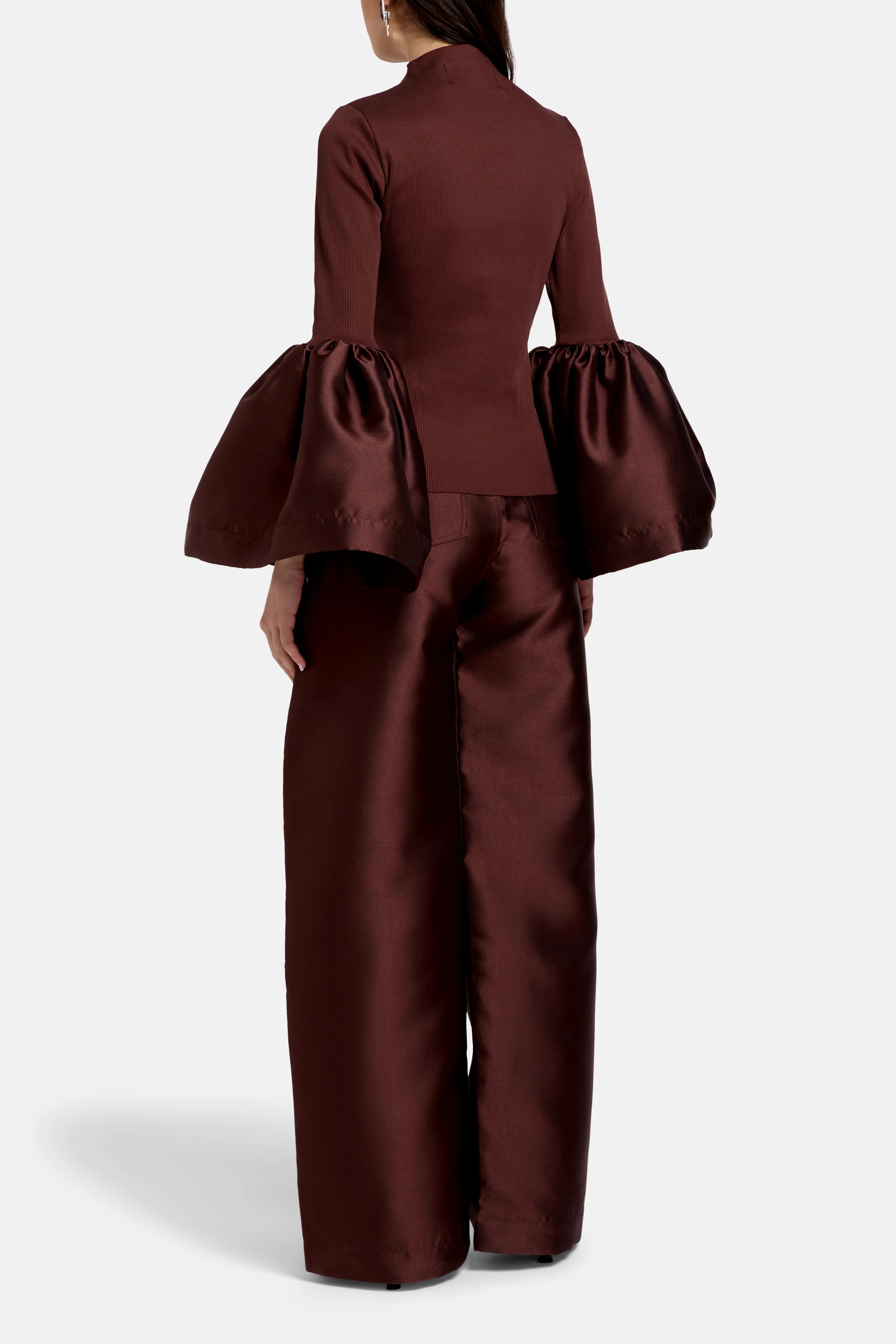 Long Puff Sleeves Turtle Neck Satin Top in Brown