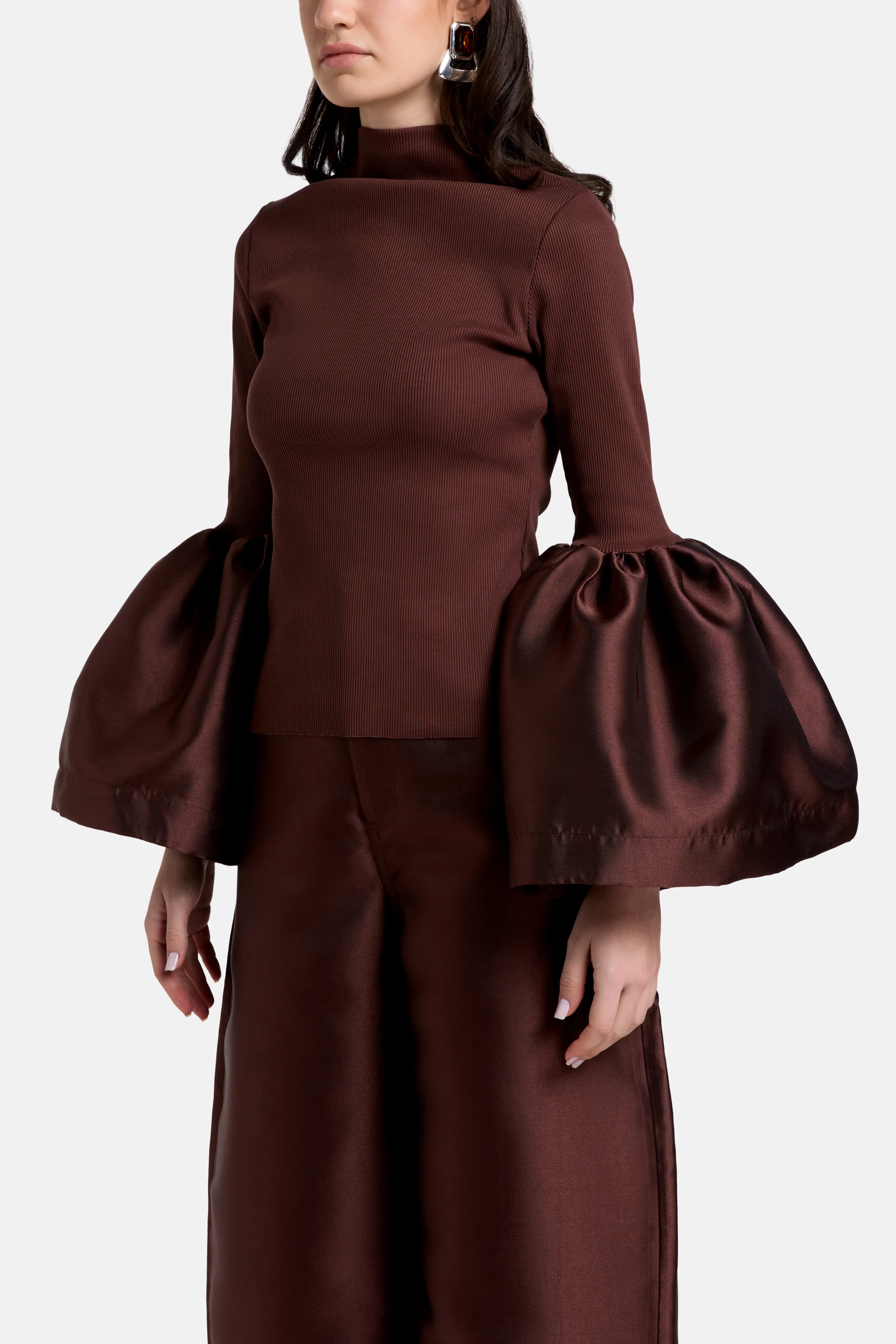 Long Puff Sleeves Turtle Neck Satin Top in Brown