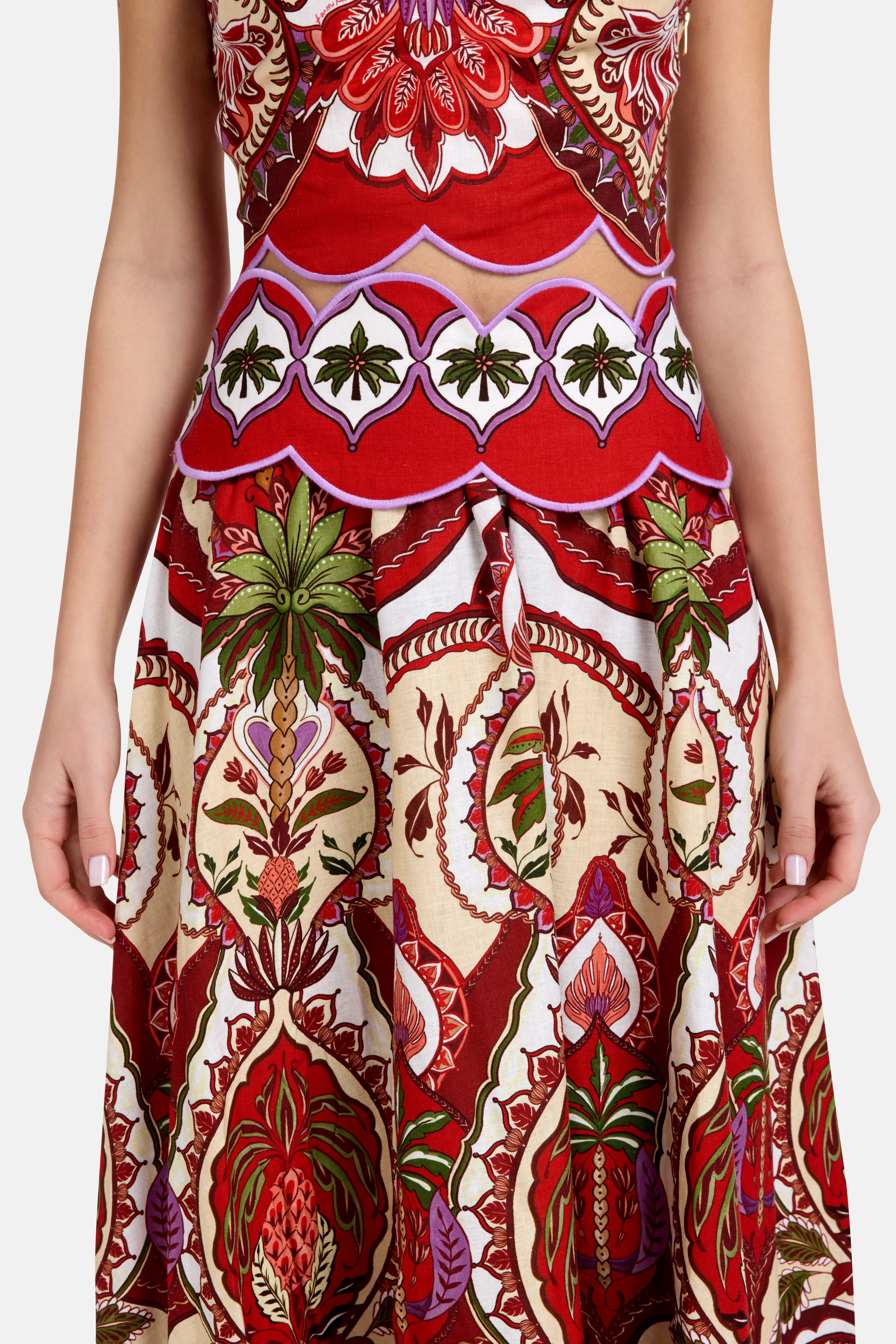 Odara Scallops Linen Midi Skirt in Red