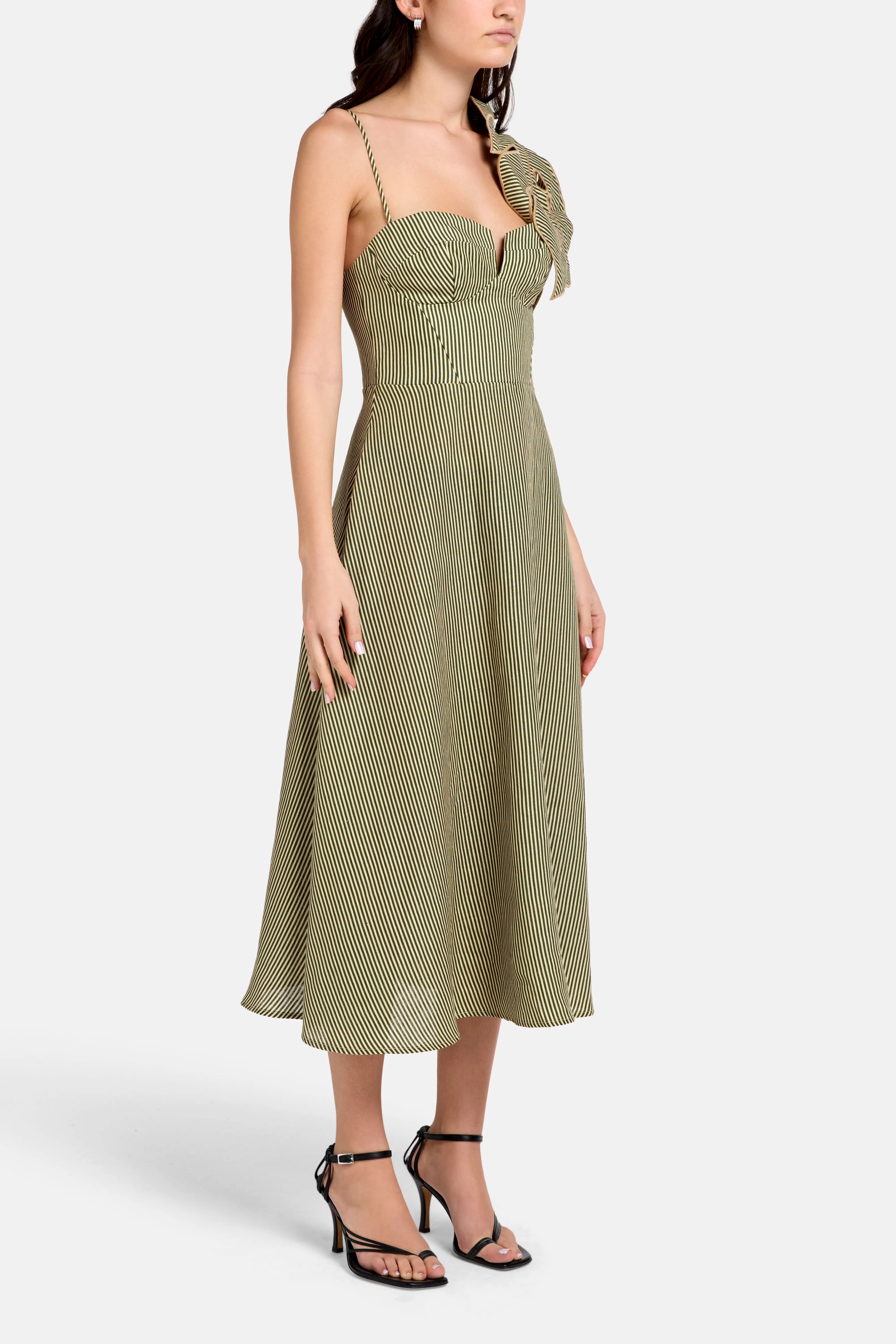 Striped Monstera Leaf Sleeveless Linen Midi Dress in Green