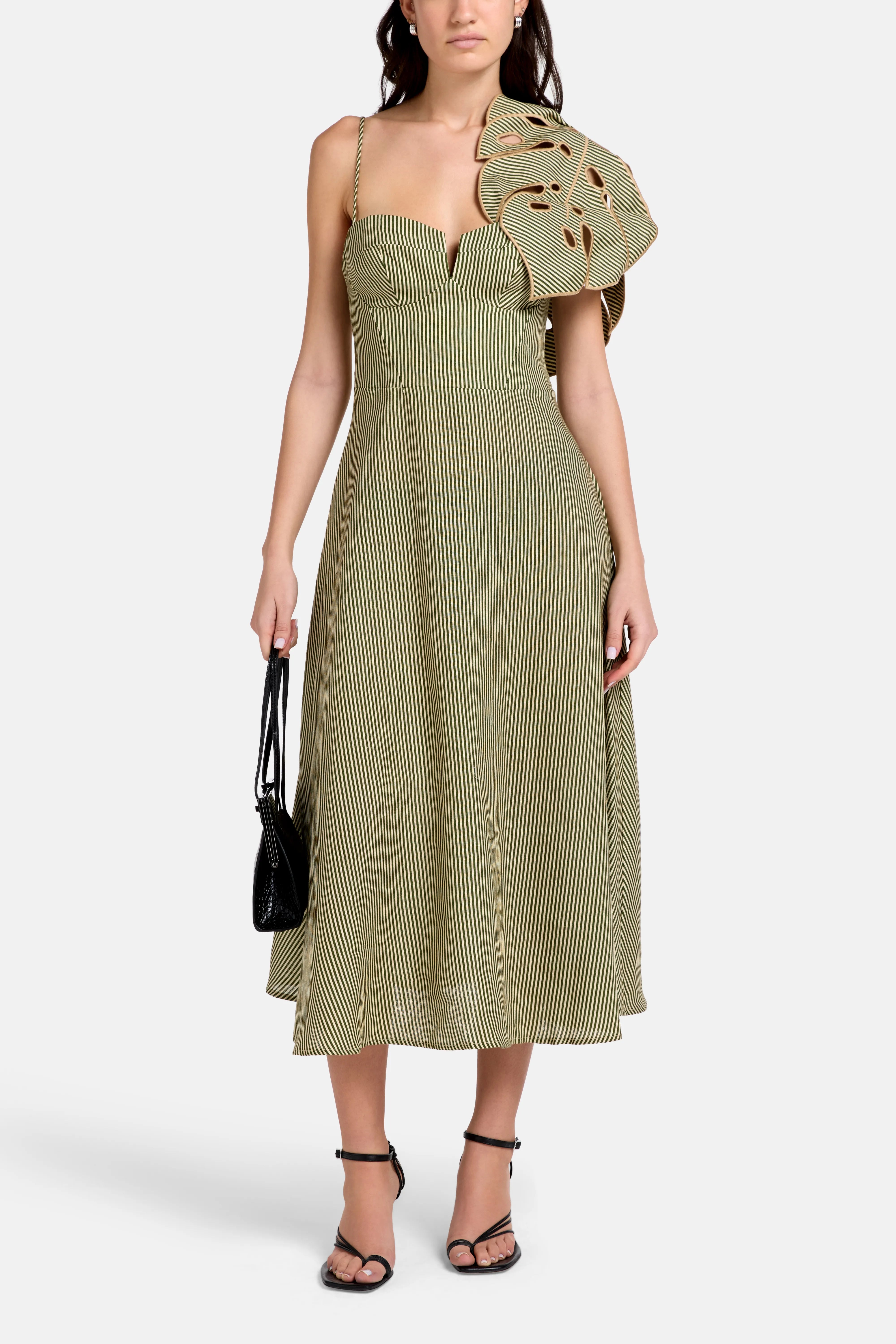 Striped Monstera Leaf Sleeveless Linen Midi Dress in Green
