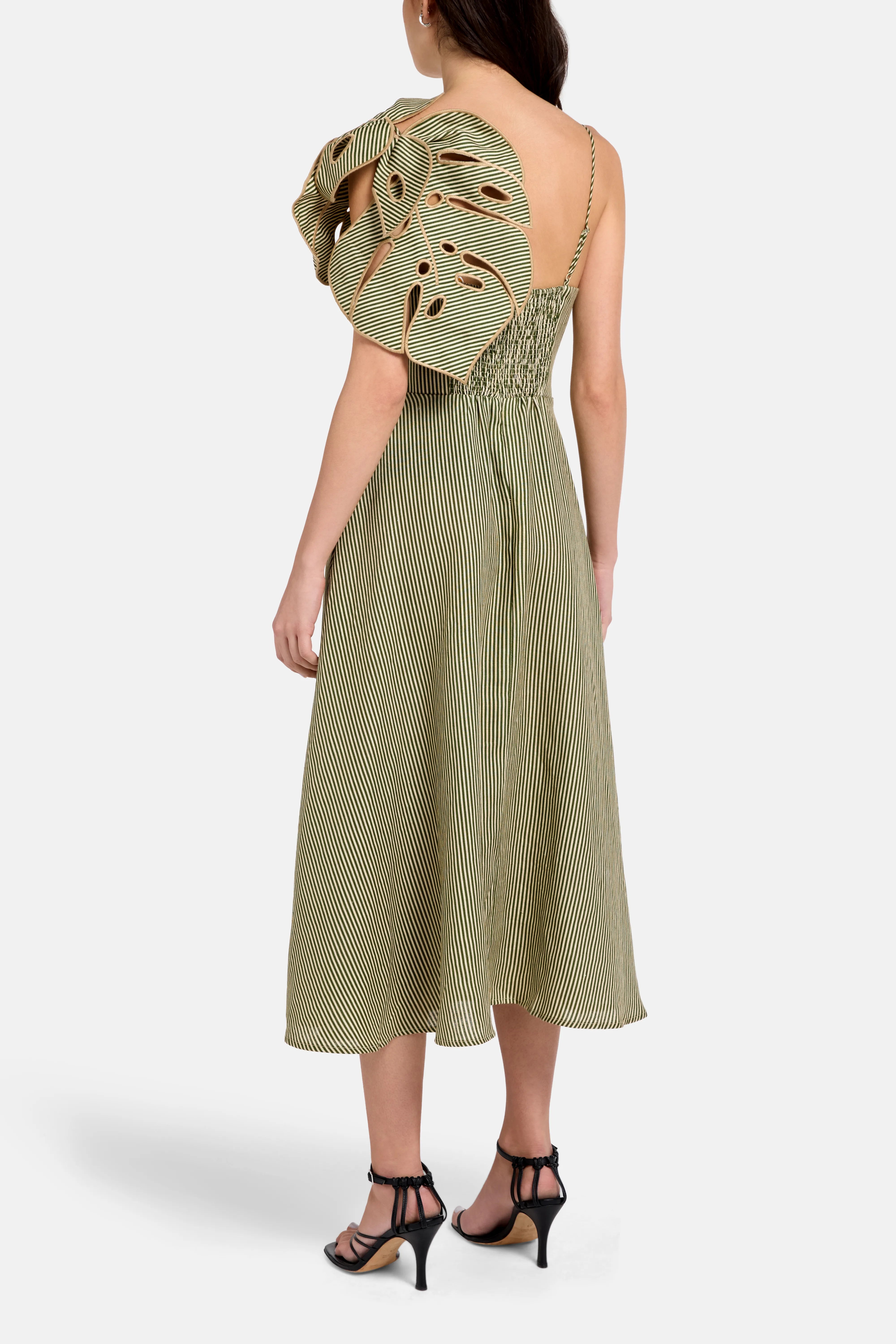 Striped Monstera Leaf Sleeveless Linen Midi Dress in Green