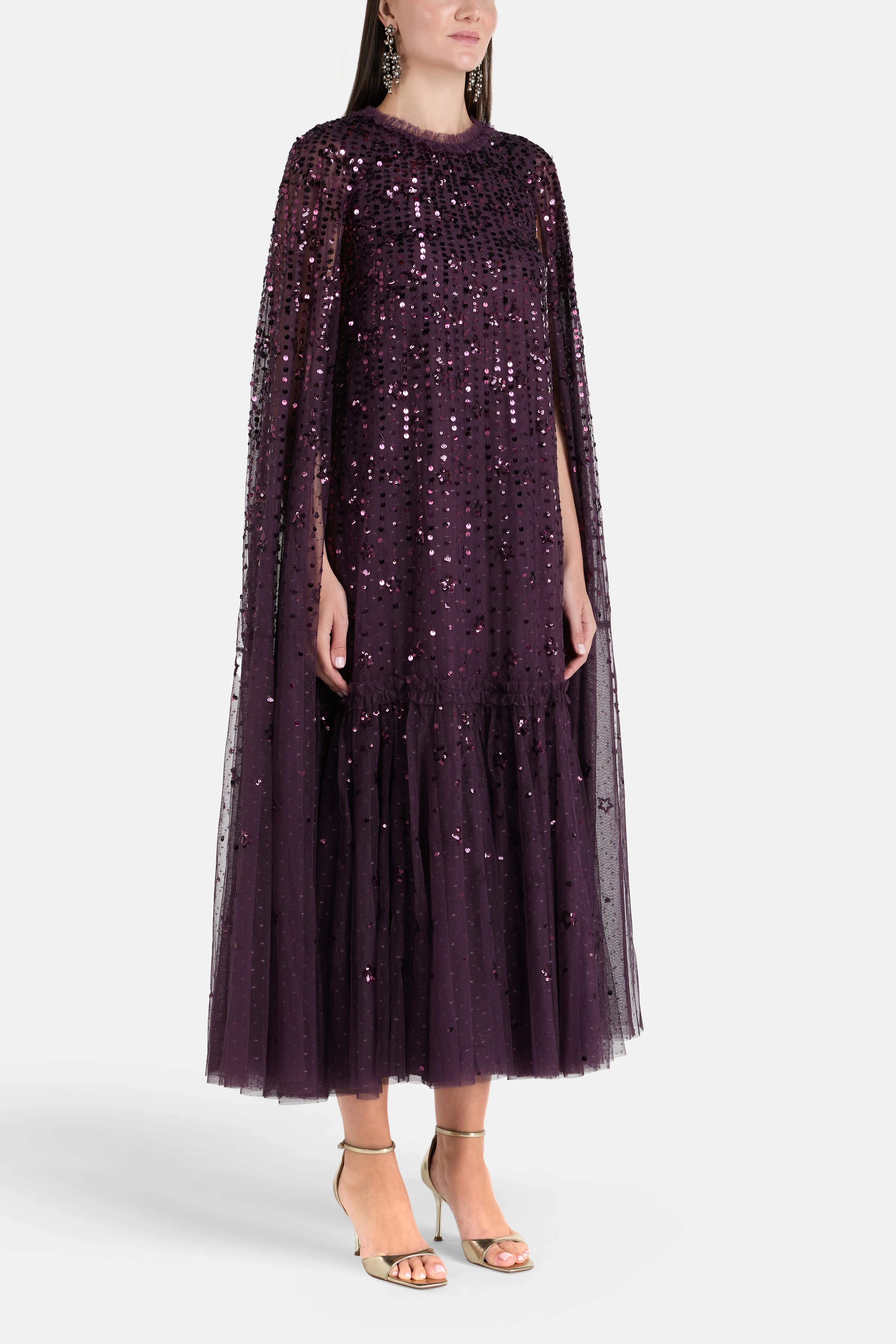 Falling Stars Sequins Cape Evening Dress in Purple