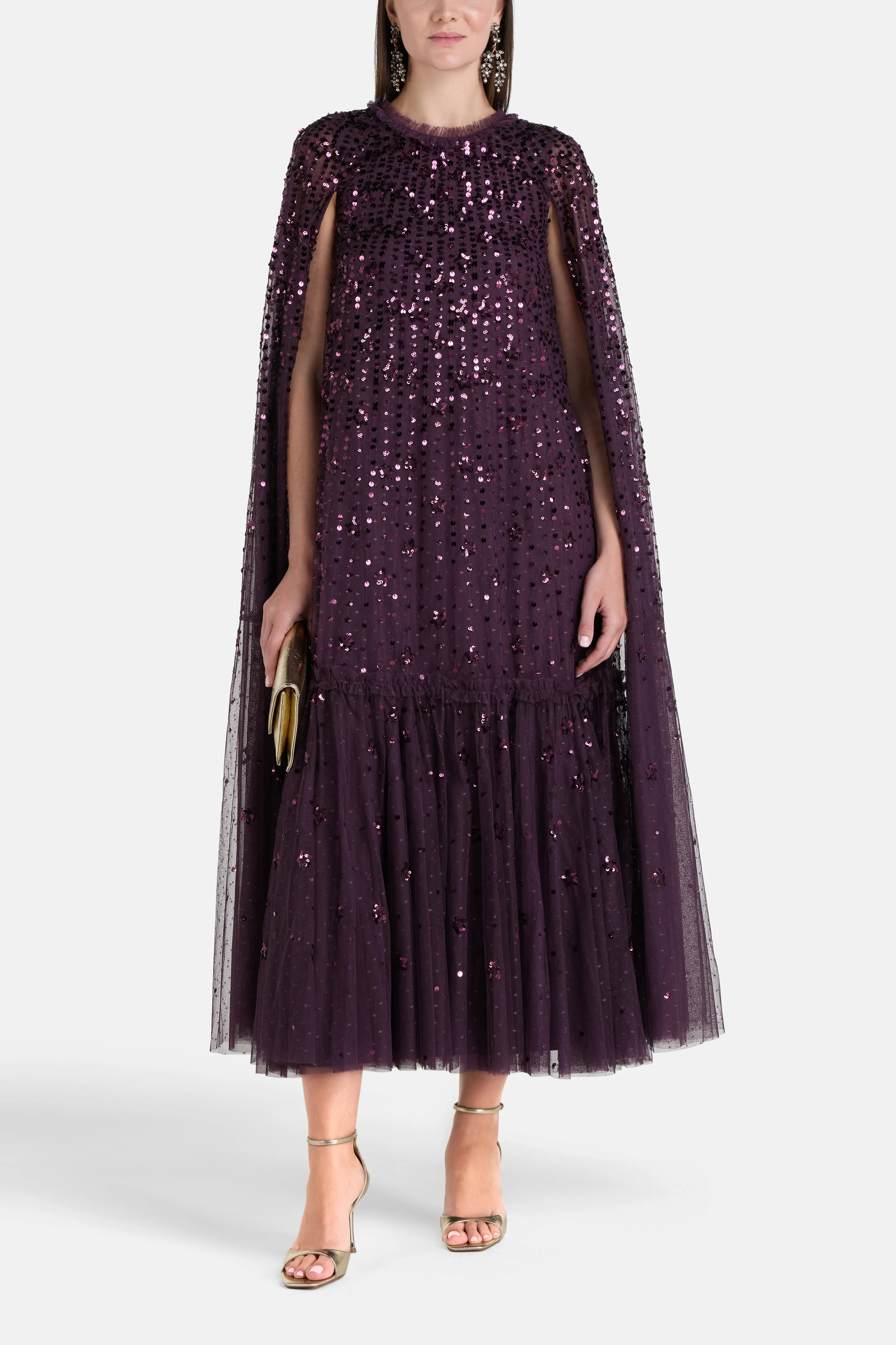 Falling Stars Sequins Cape Evening Dress in Purple