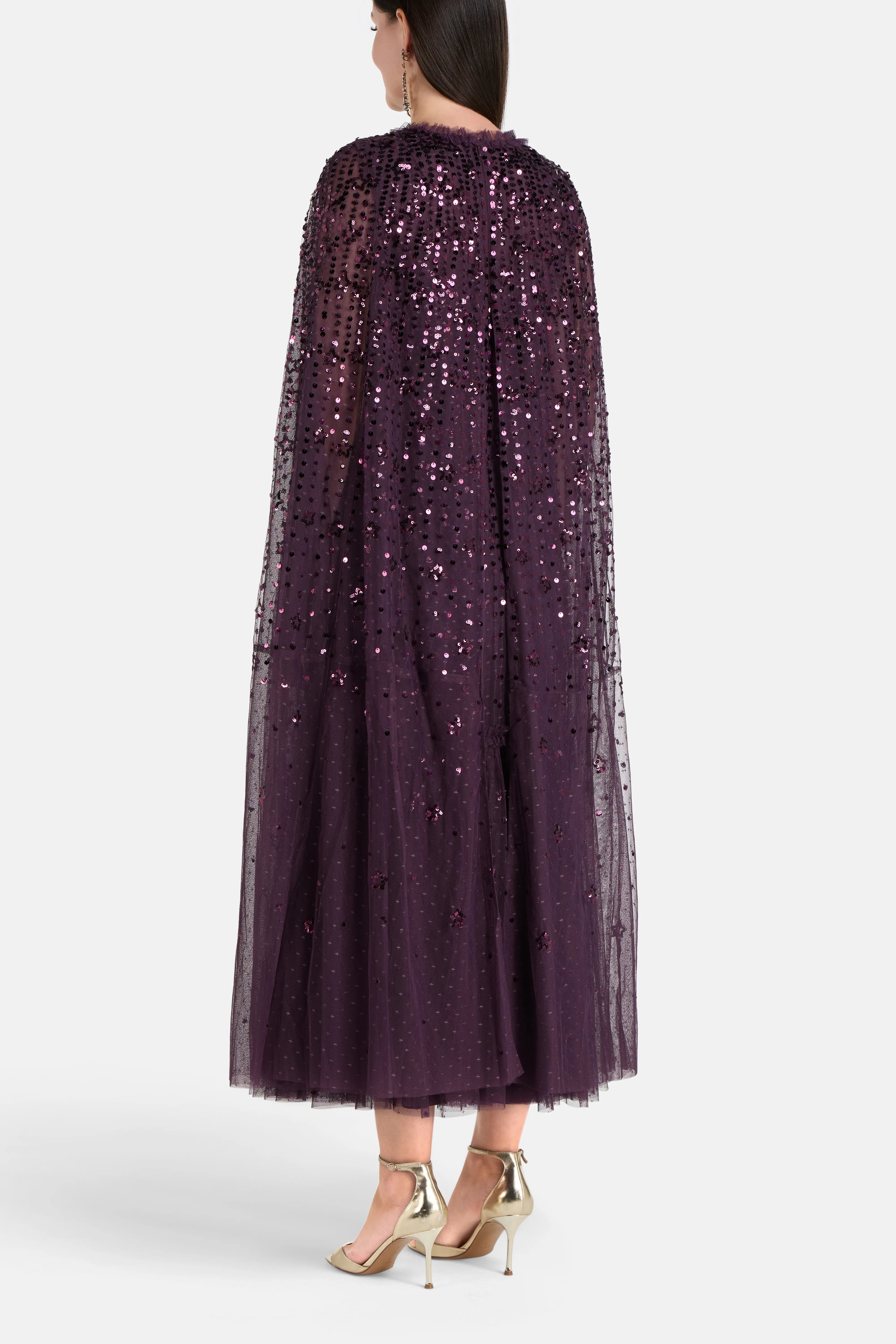 Falling Stars Sequins Cape Evening Dress in Purple