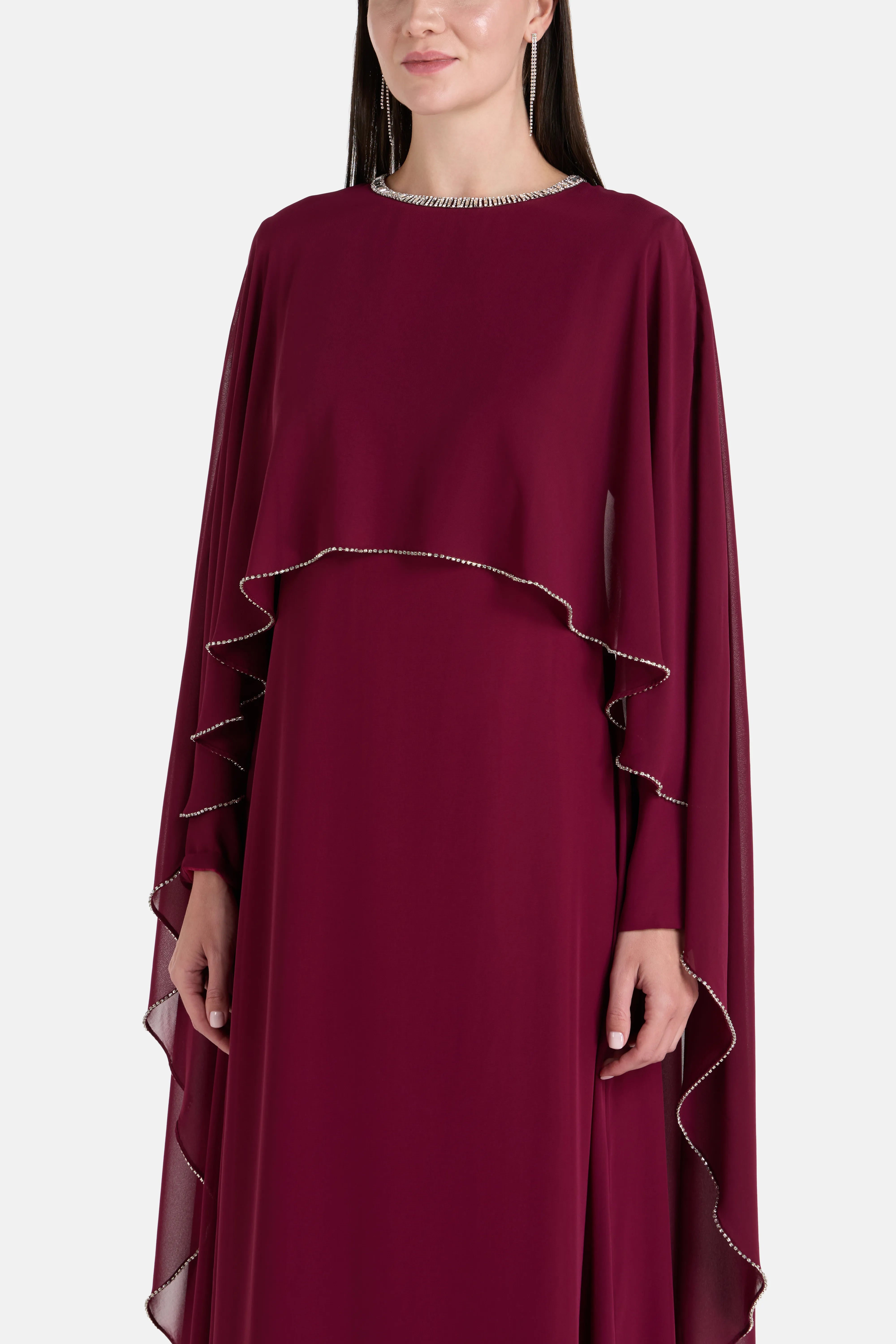 Samira Cape Sleeves Embellished Evening Dress in Burgundy