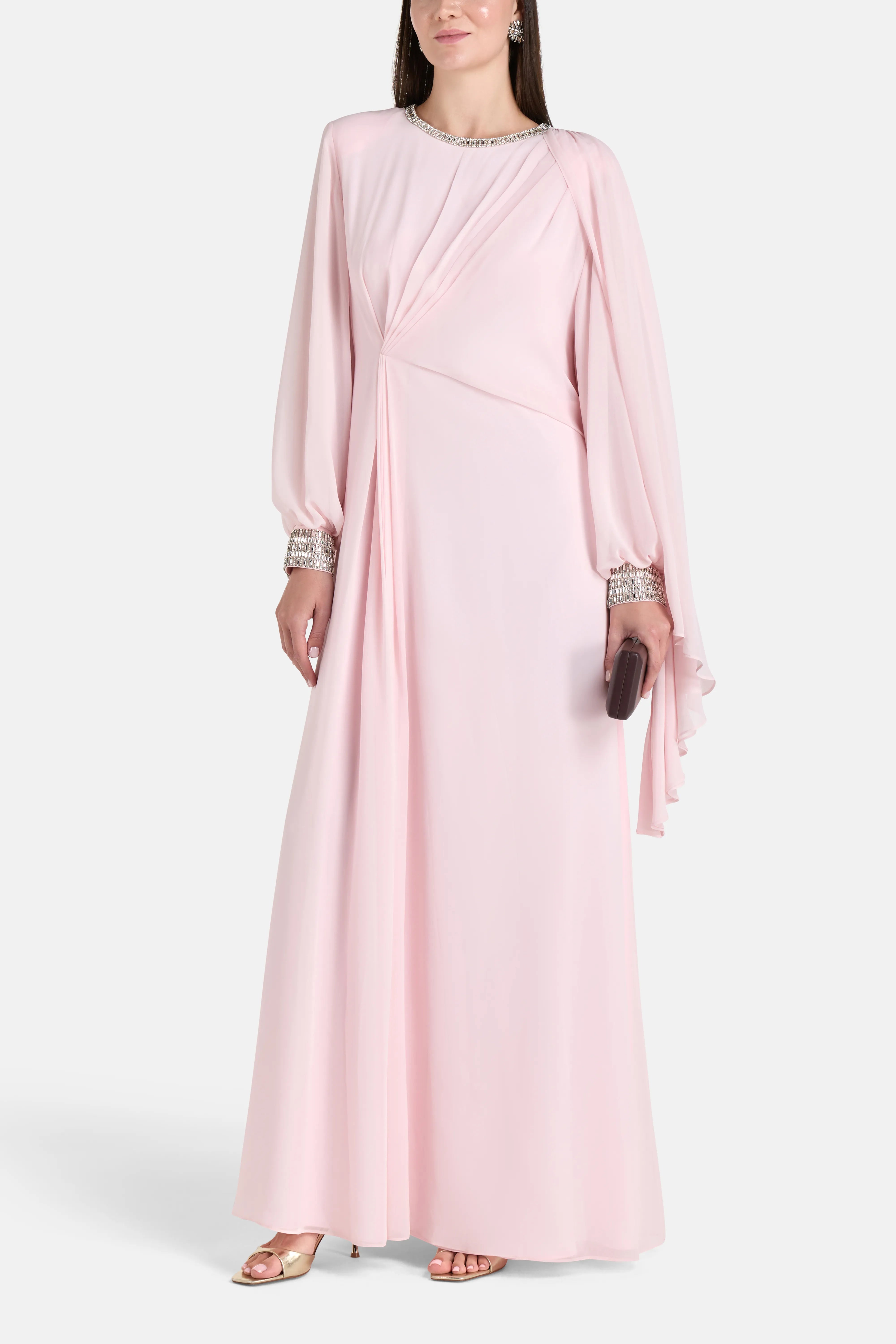Tanya Long Sleeves Embellished Evening Dress in Pink