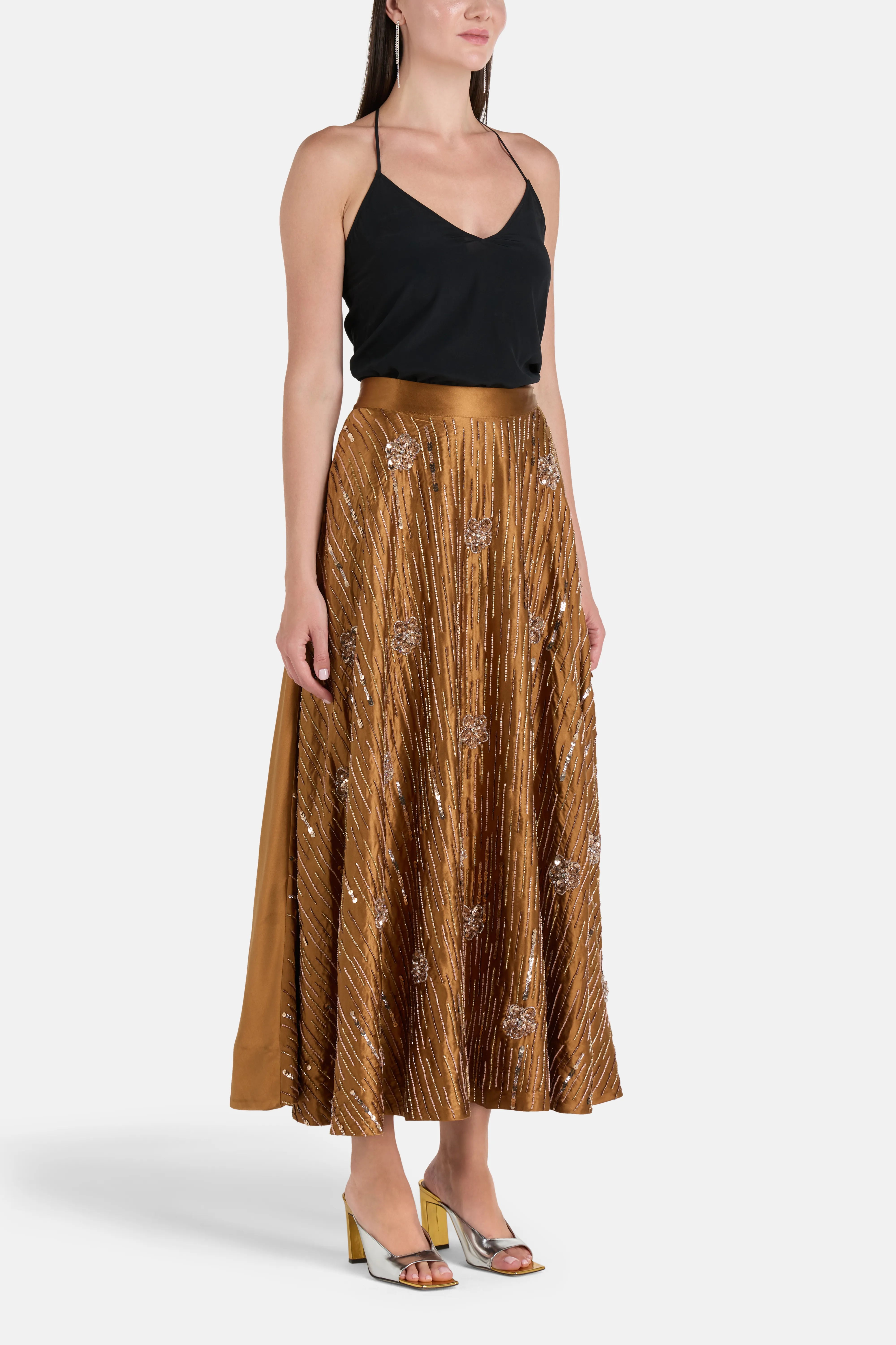 Silk Embellished Maxi Skirt in Brown