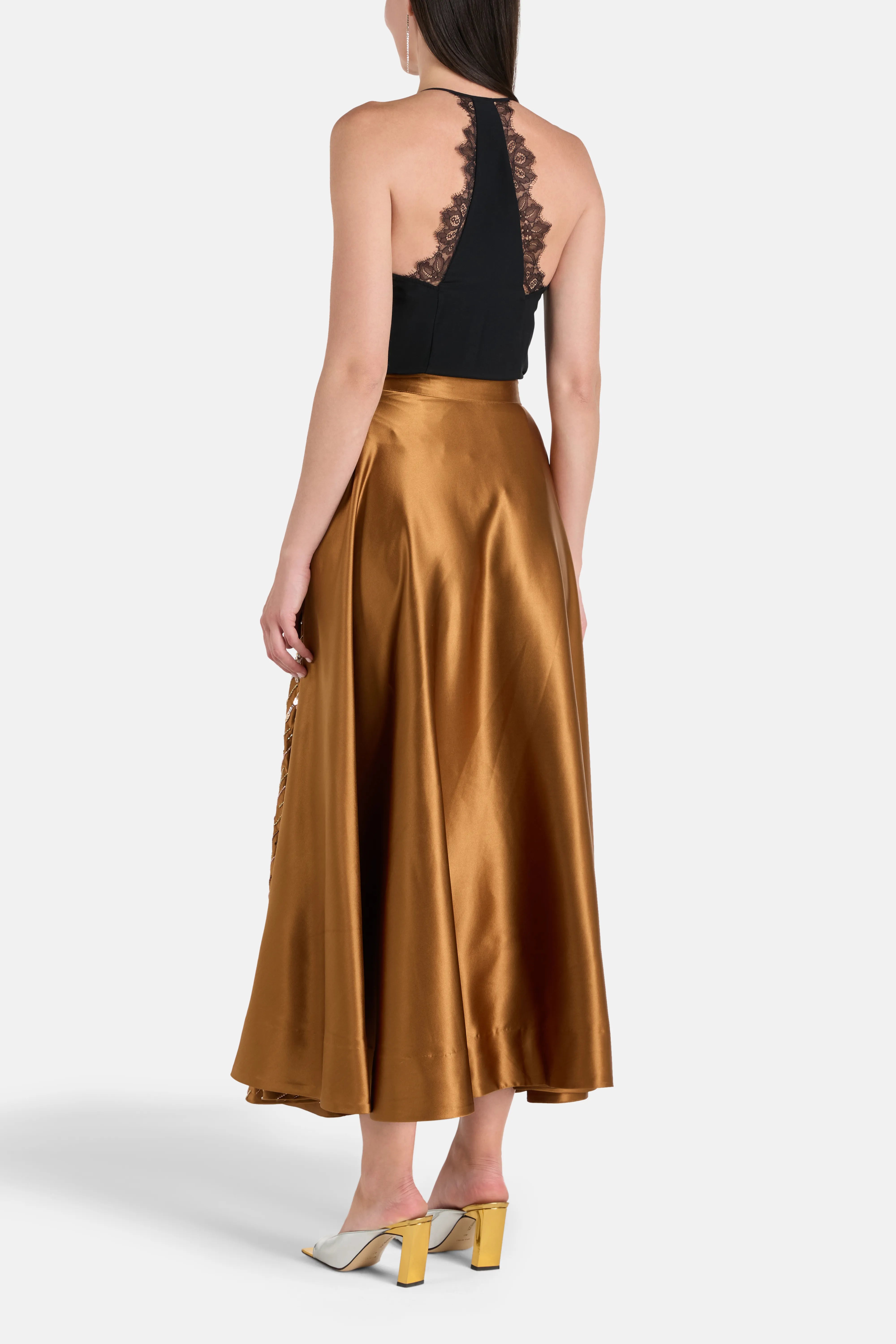 Silk Embellished Maxi Skirt in Brown