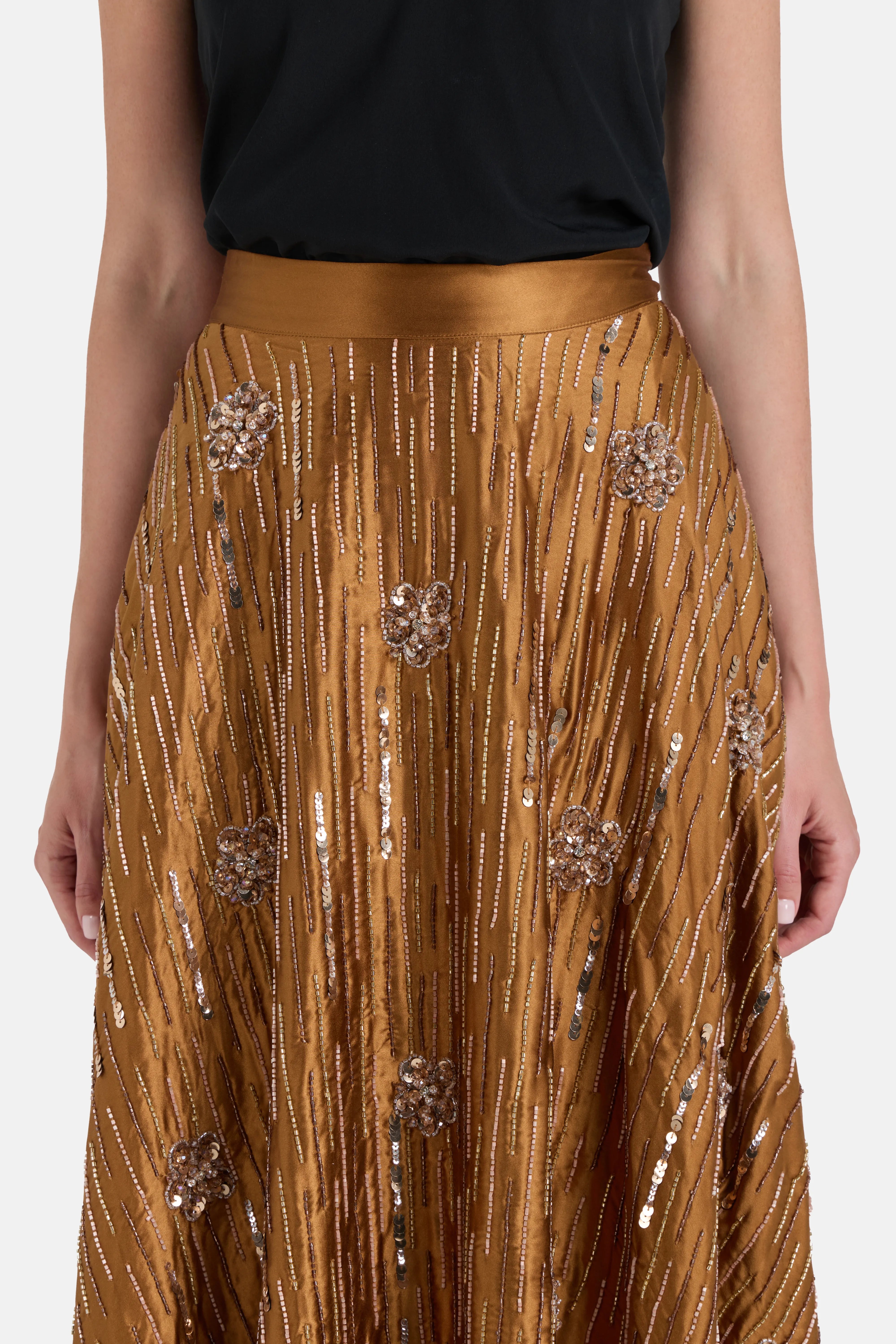Silk Embellished Maxi Skirt in Brown