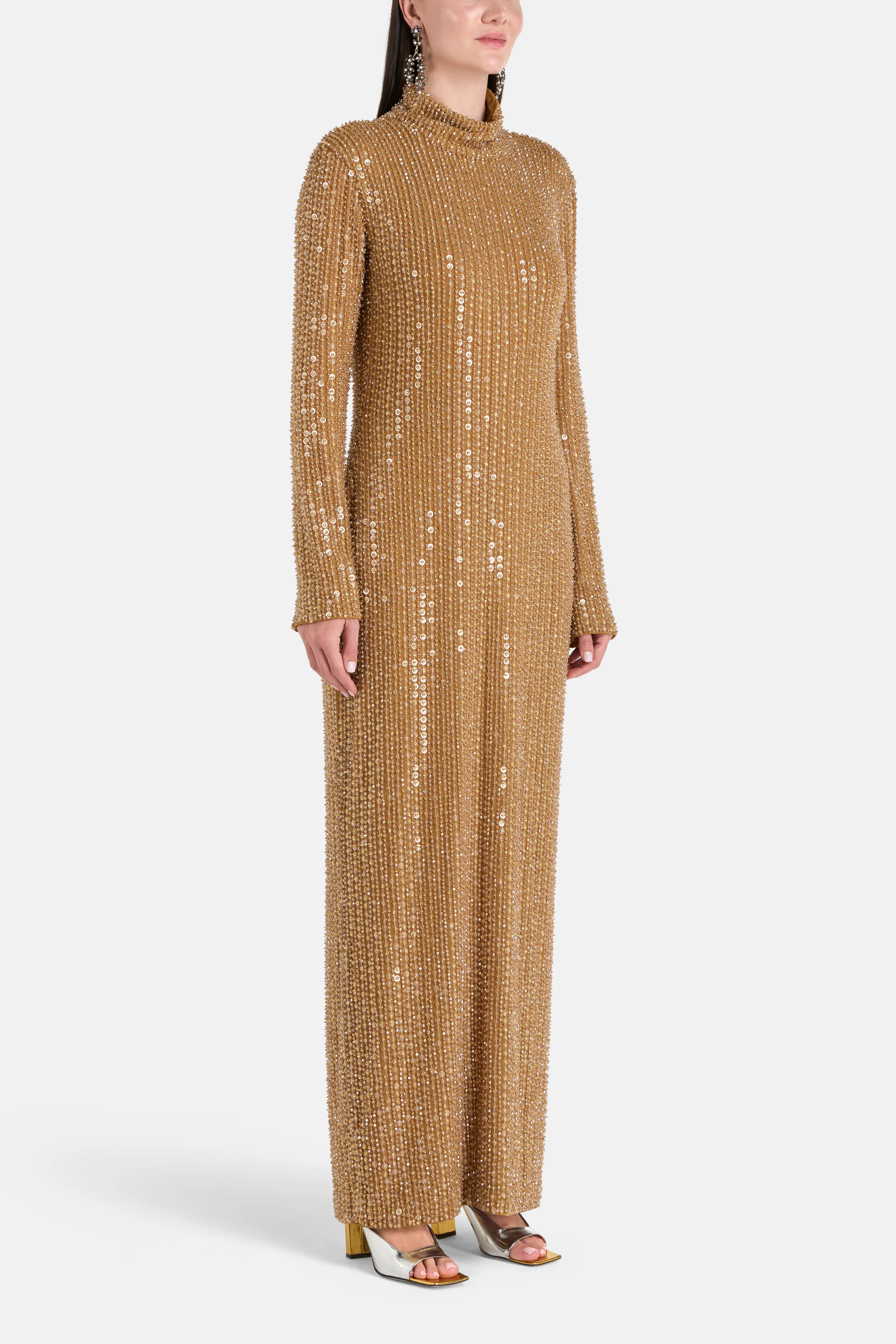 Long Sleeves Embellished Evening Dress in Gold