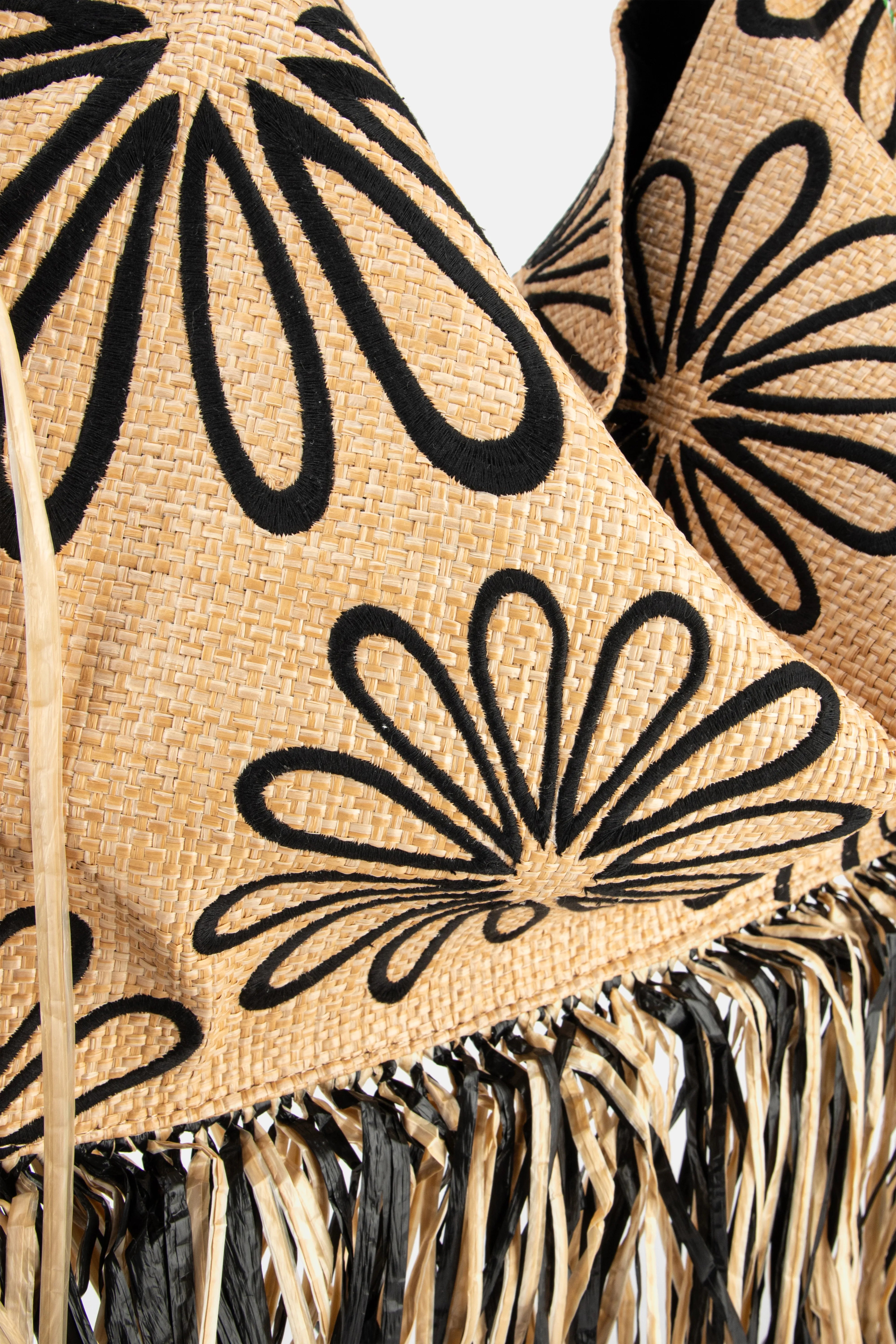 Fringed Raffia Top Handle Bag in Brown