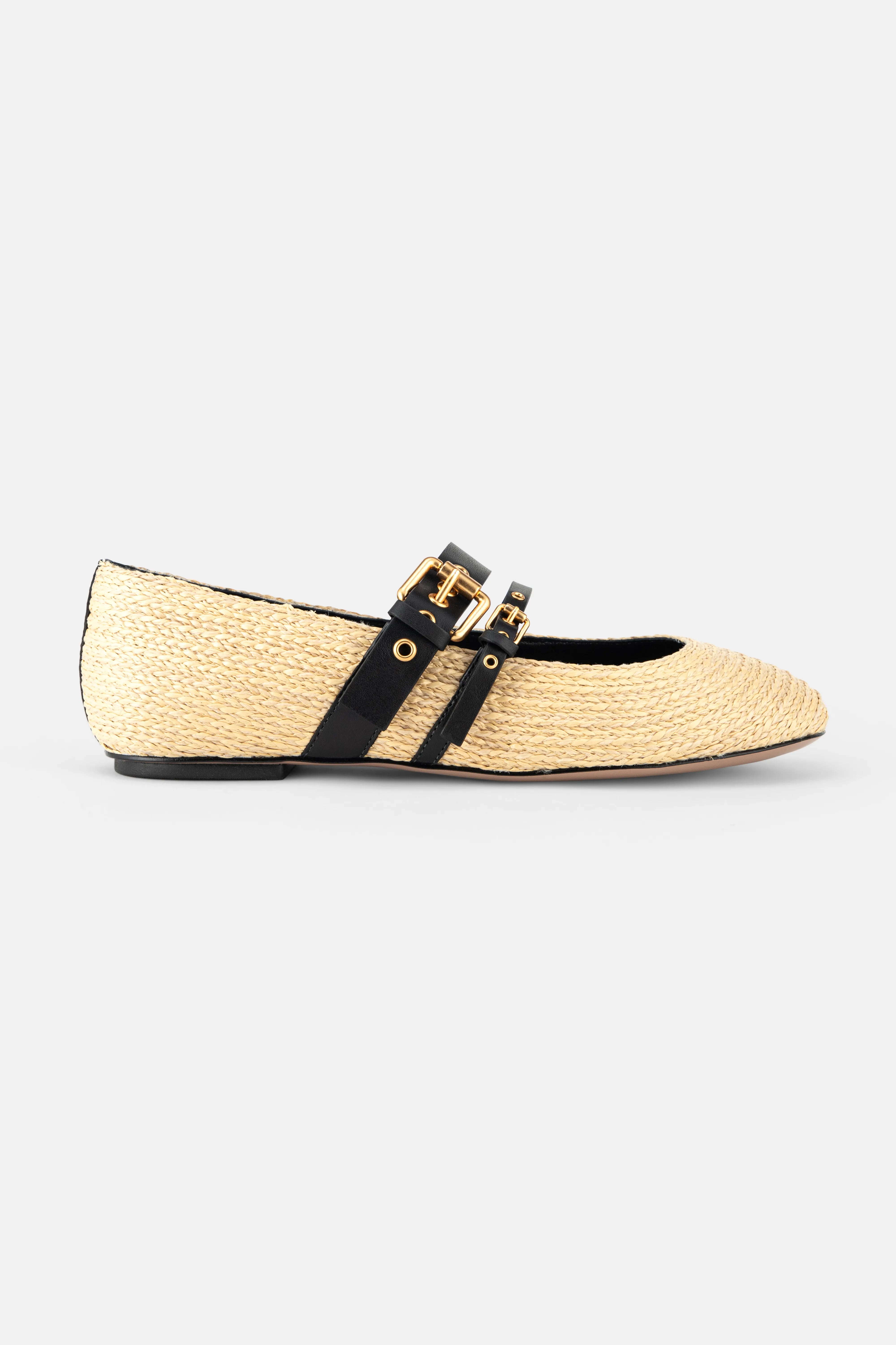 Raffia Gold Buckle Ballerina Flats in Black