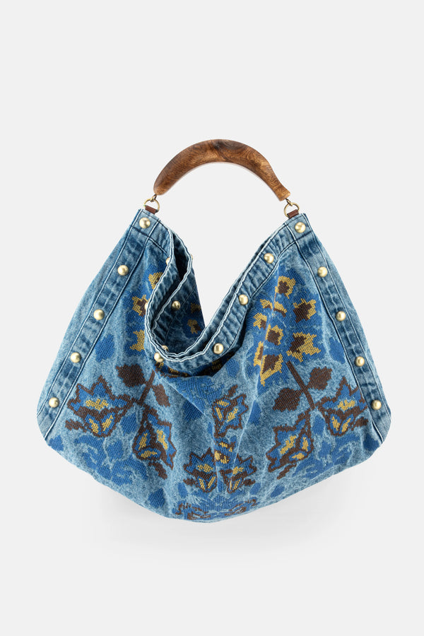 Denim Patterned Top Handle Bag in Blue