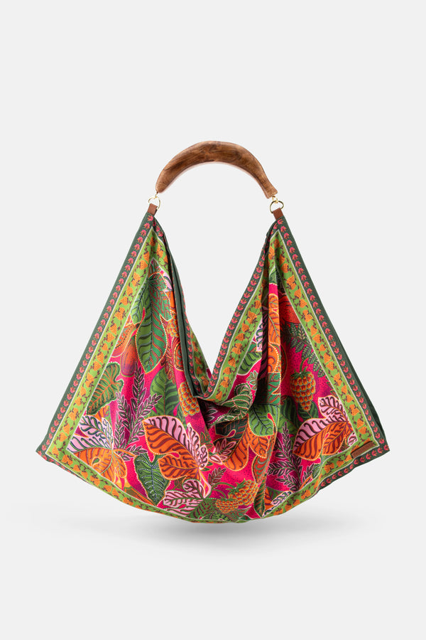 Leaf Patterned Scarf Top Handle Bag in Green