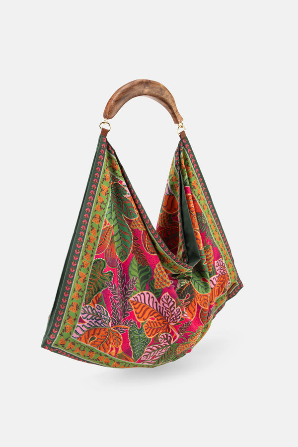 Leaf Patterned Scarf Top Handle Bag in Green