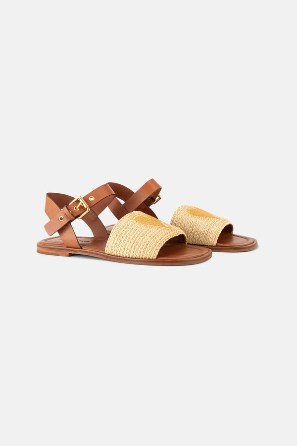 Raffia Open Toed Flat Sandals in Beige