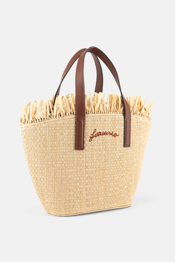 Printed Raffia Mini Basket Tote Bag in Beige