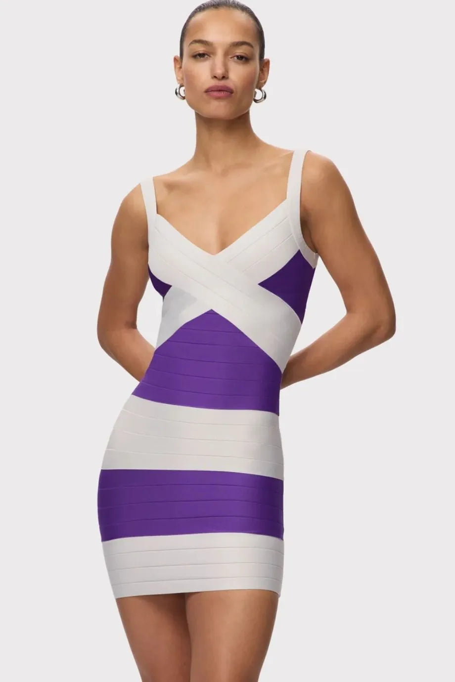 VIP Bandage Knit Mini Dress in White and Purple
