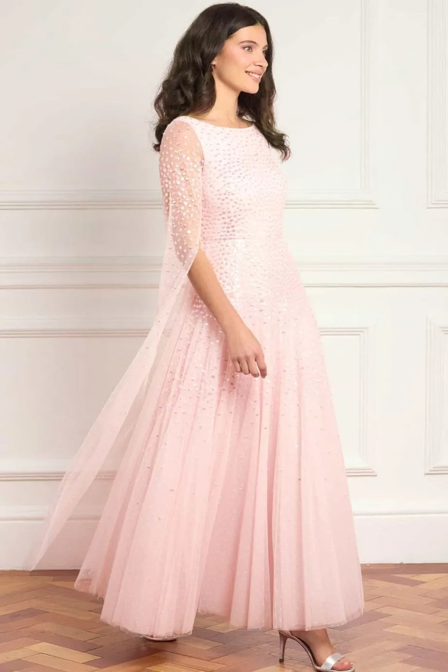 Sunrise Sequins Cape Sleeves Evening Dress in Pink