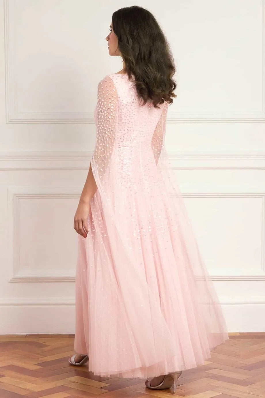 Sunrise Sequins Cape Sleeves Evening Dress in Pink