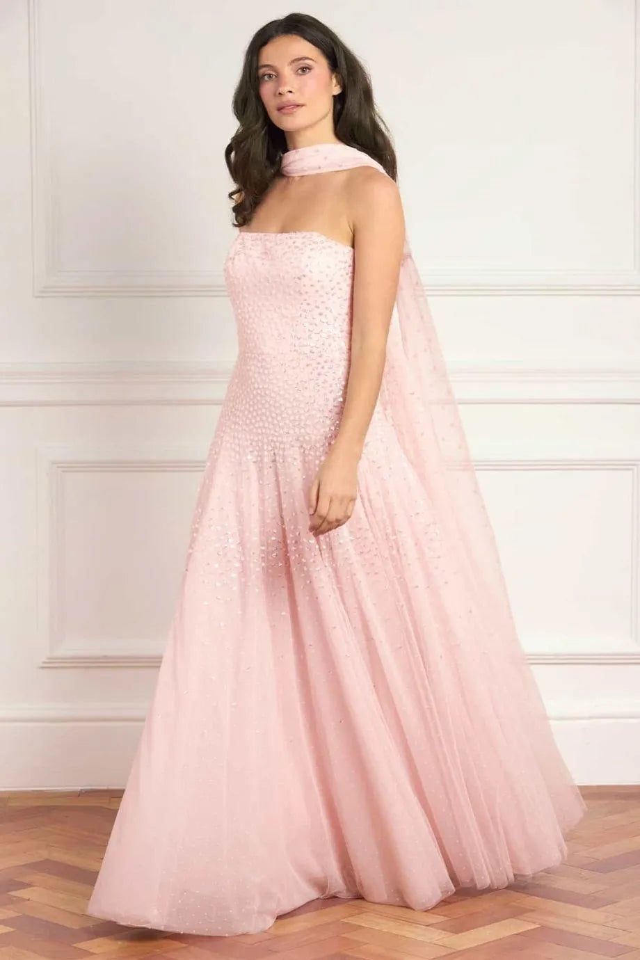 Sunrise Sequins Strapless Evening Dress in Pink with Scarf
