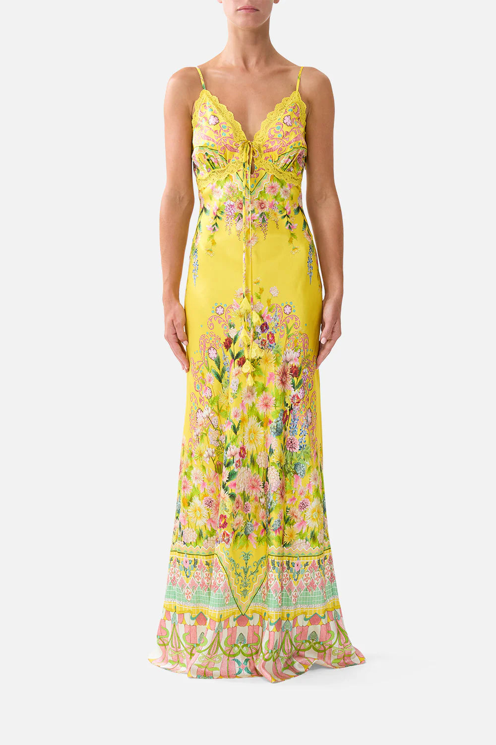 Lady Limonada Floral Silk Lace Sleeveless Slip Maxi Dress in Yellow