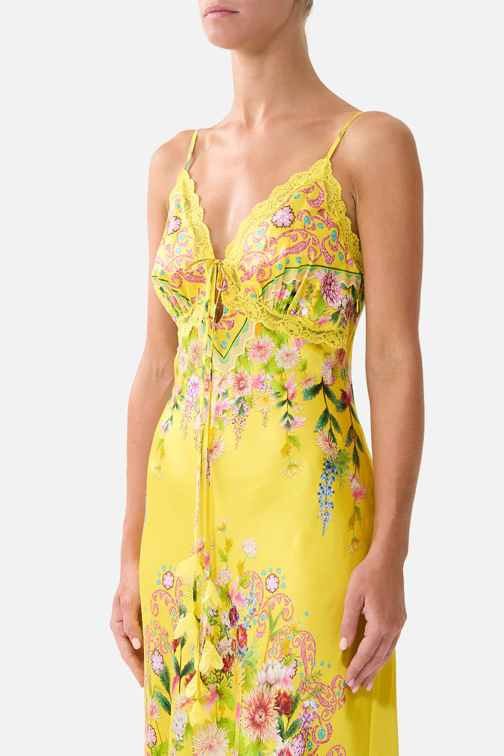 Lady Limonada Floral Silk Lace Sleeveless Slip Maxi Dress in Yellow