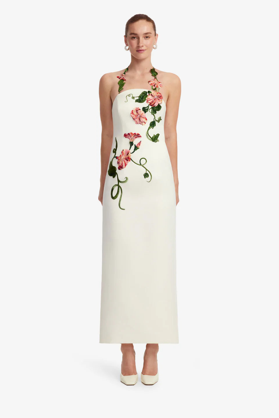 Ava Floral Applique Halter Neck Bustier Maxi Dress in White