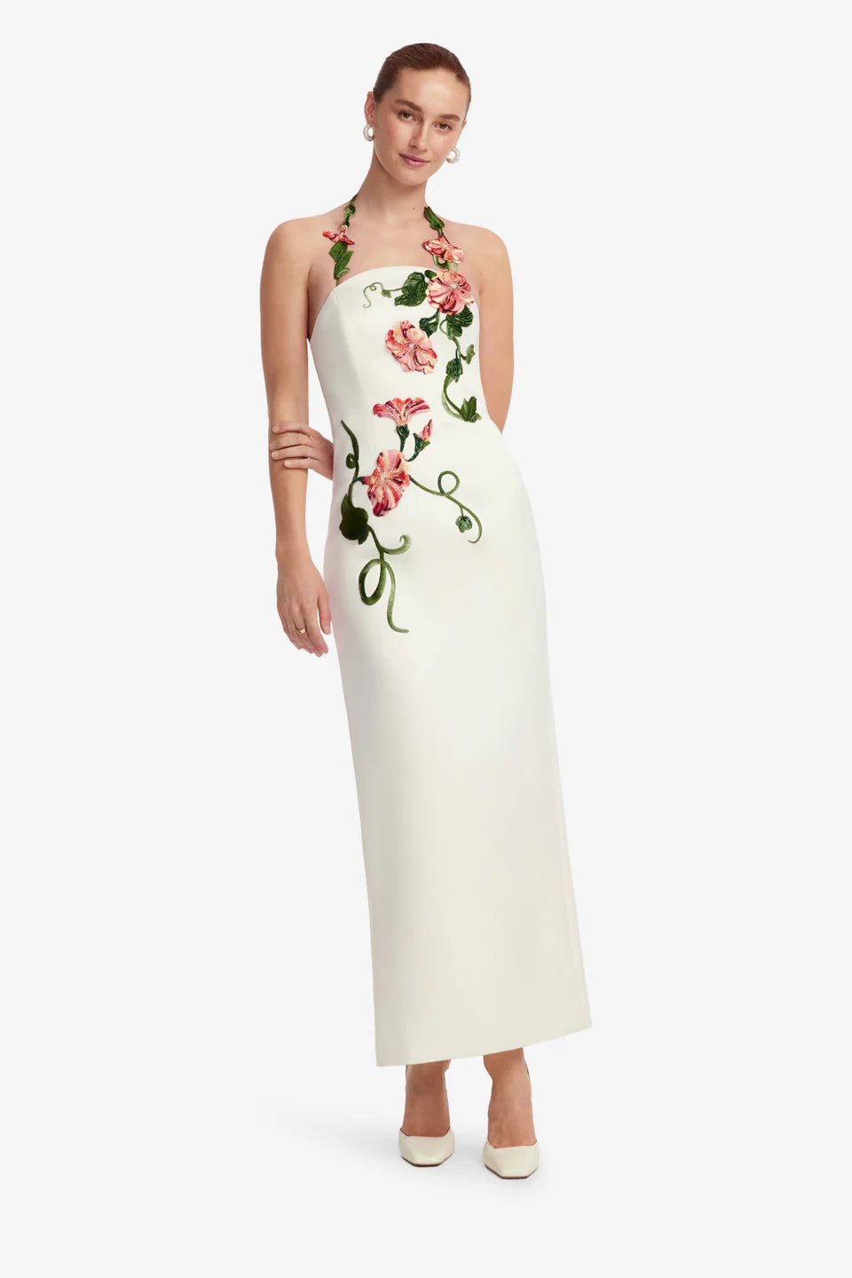 Ava Floral Applique Halter Neck Bustier Maxi Dress in White
