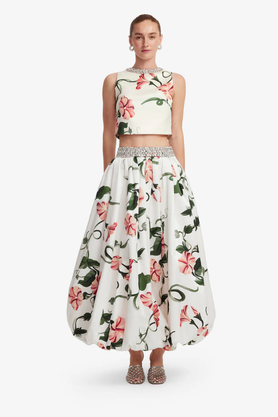 Victoria Floral Embellished Voluminous Maxi Skirt in White