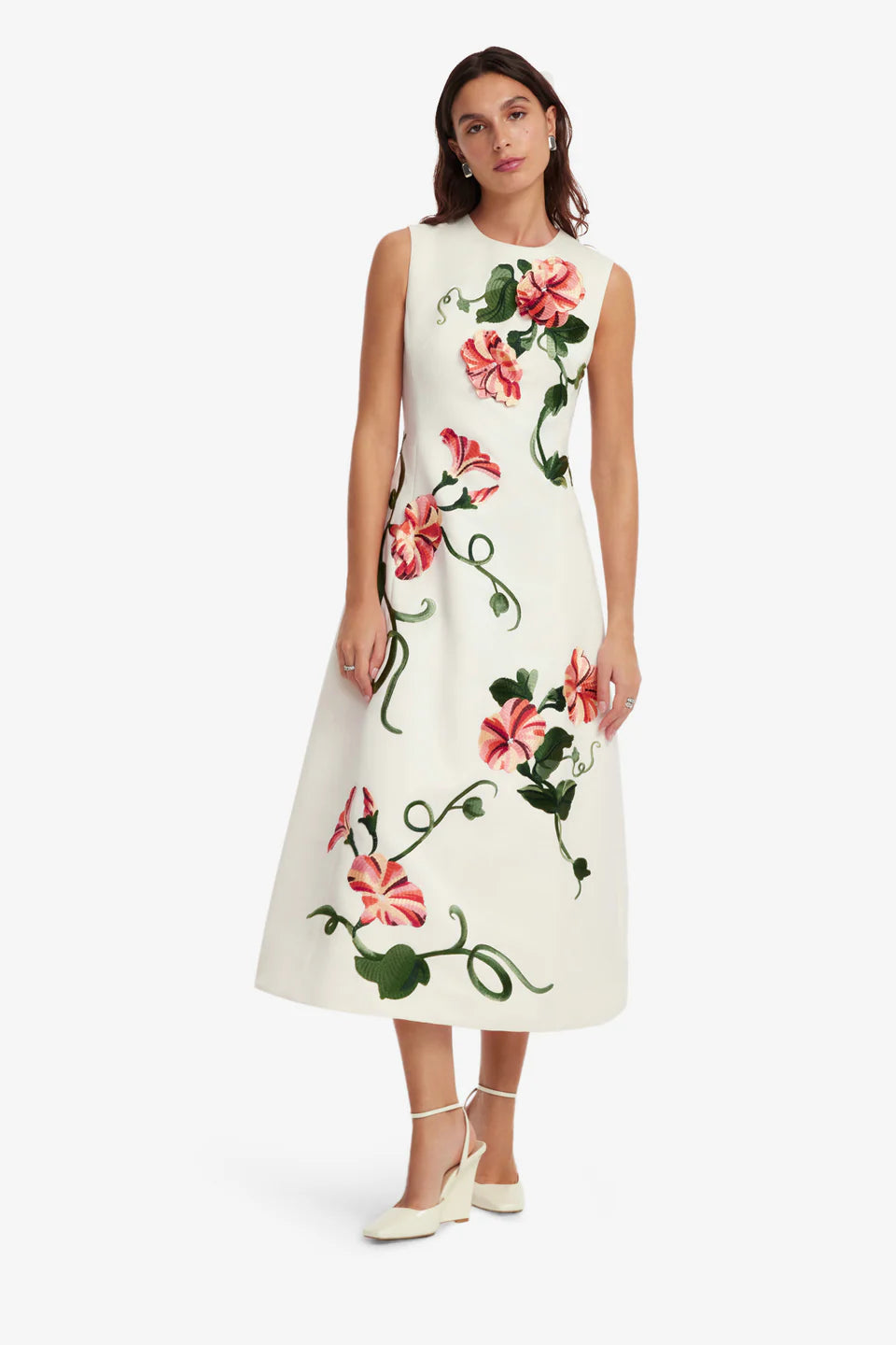 Cleo Floral Applique Sleeveless Midi Dress in White