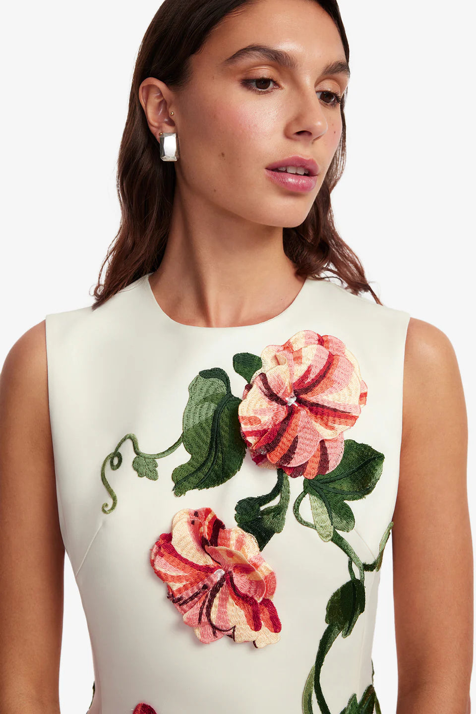 Cleo Floral Applique Sleeveless Midi Dress in White