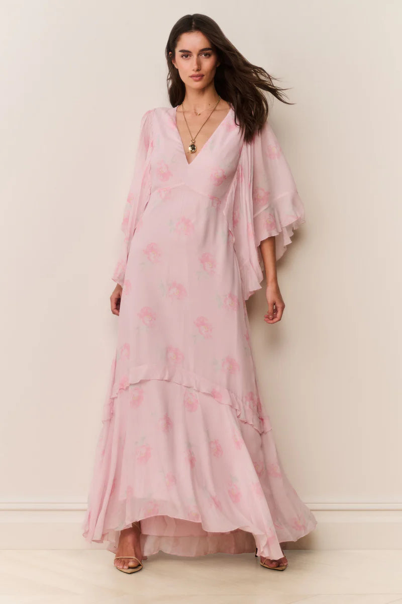 Brinley Floral Chiffon Maxi Dress in Pink