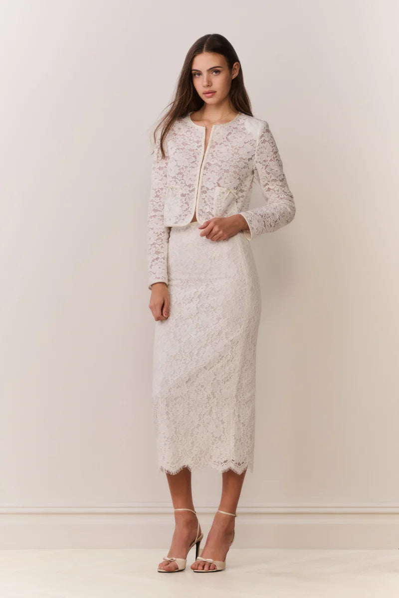 Ilse Cotton Lace Pencil Midi Skirt in Cream