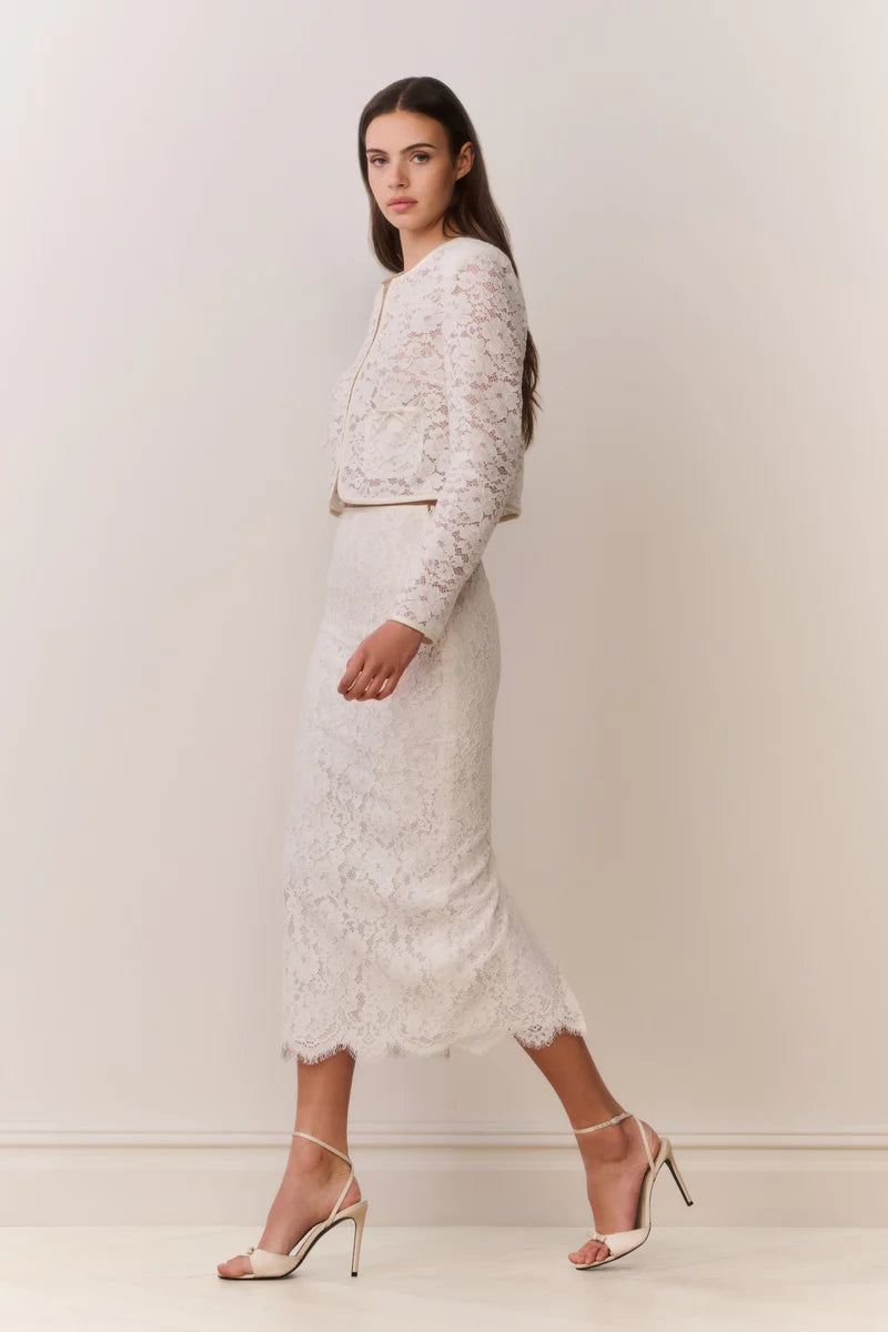 Ilse Cotton Lace Pencil Midi Skirt in Cream
