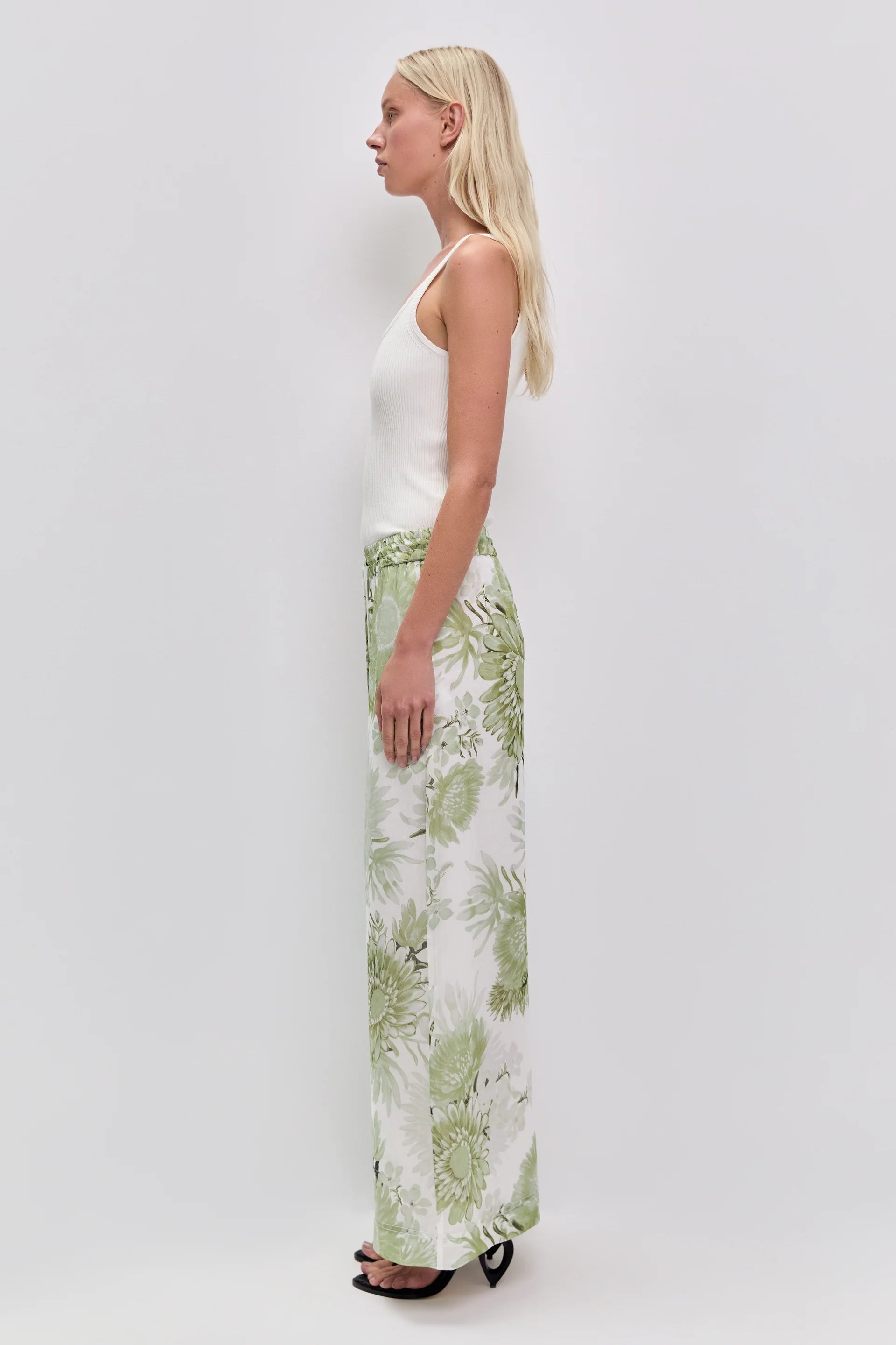 Adina Floral Linen Wide Legged Pants in White