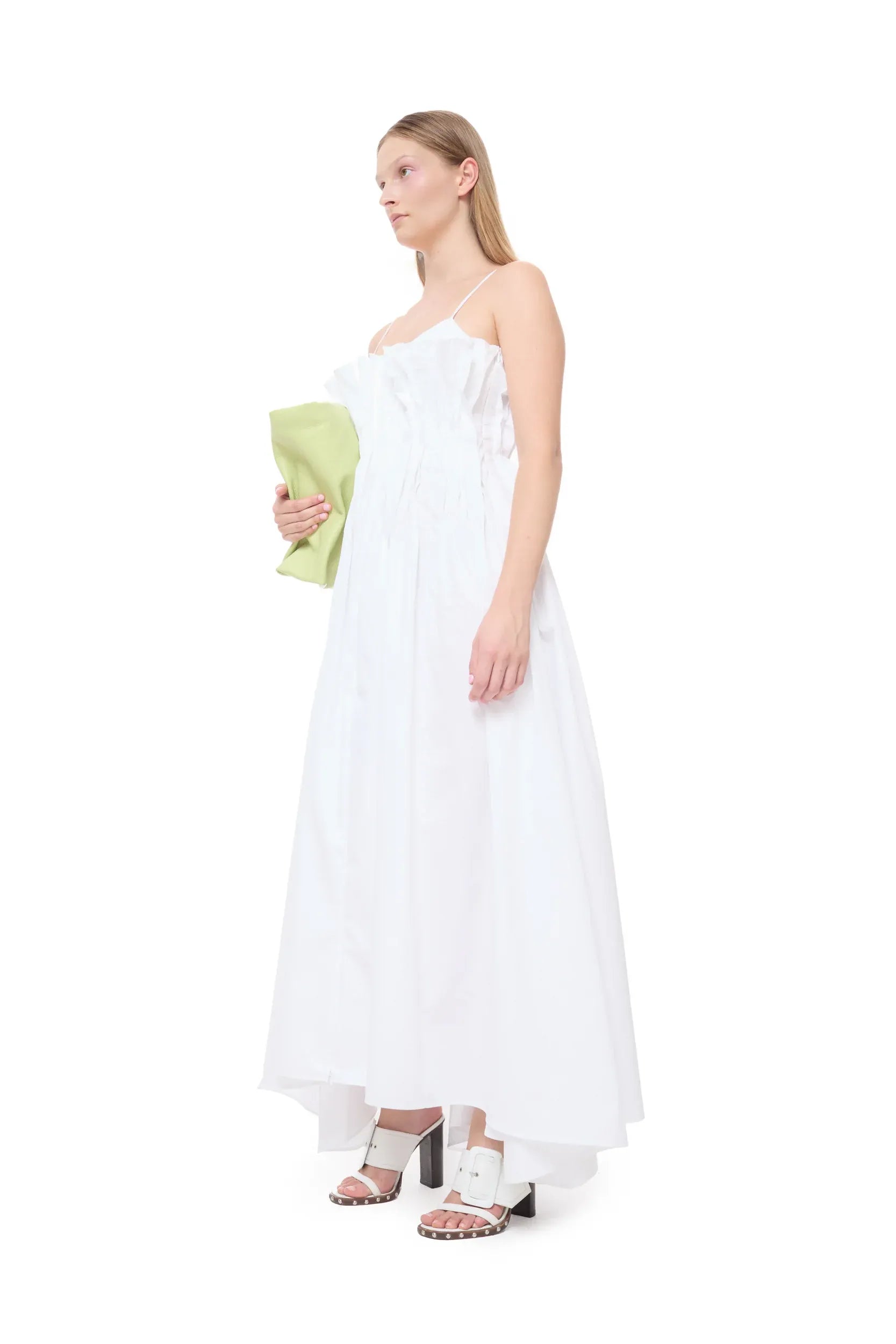 Cinched Pleated Organic Cotton Sleeveless Midi Dress in White
