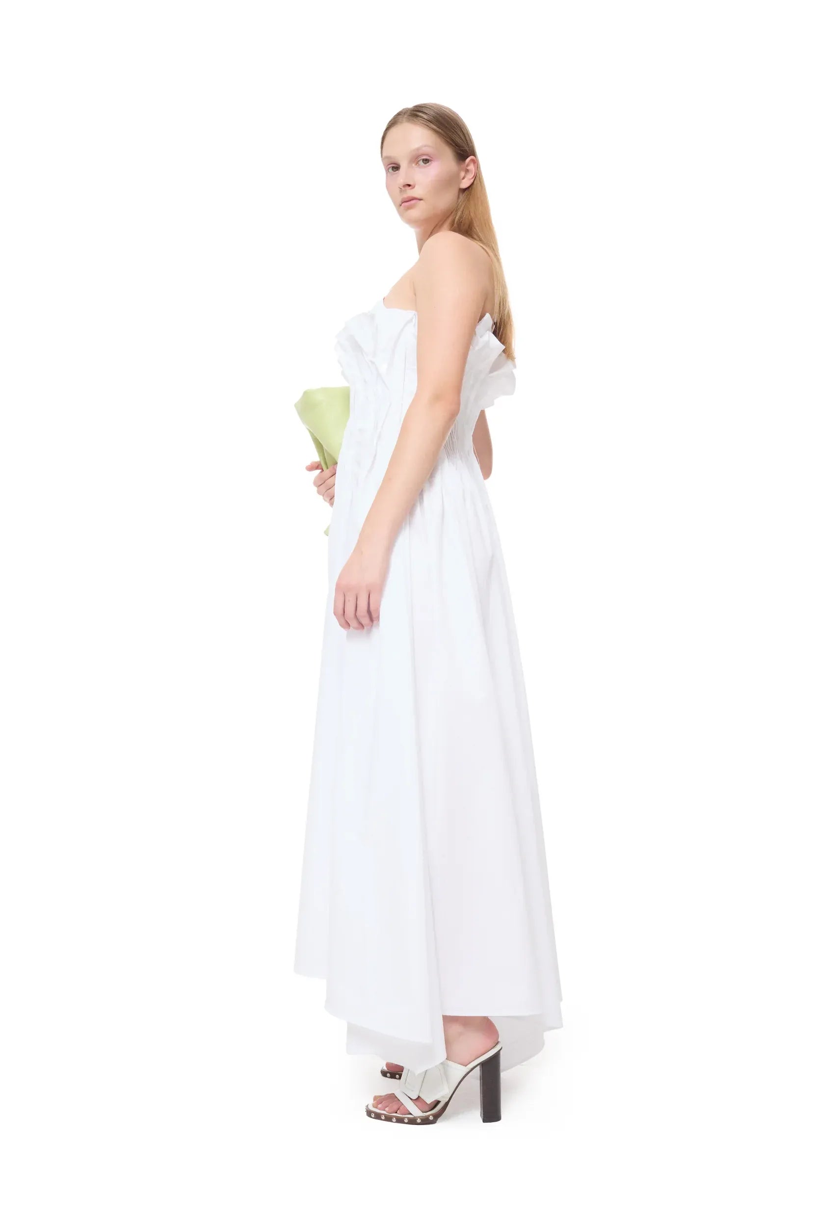 Cinched Pleated Organic Cotton Sleeveless Midi Dress in White