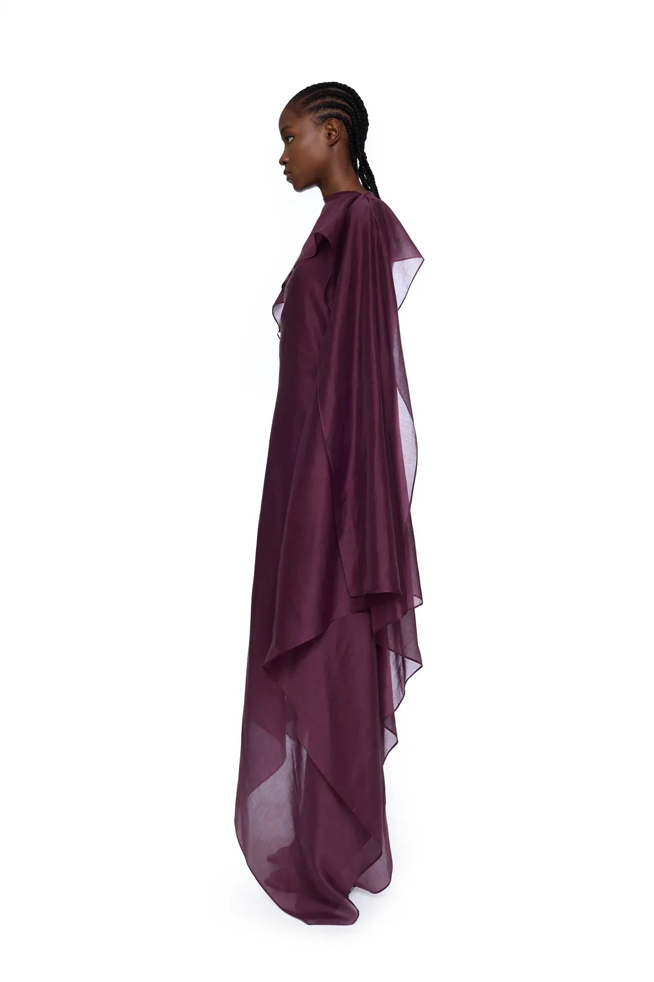 Voile Scarf Drape Midi Dress in Burgundy